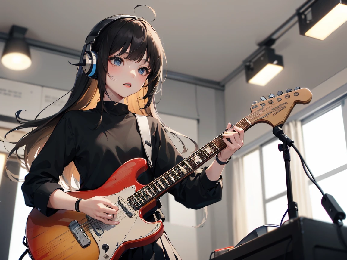 ((masterpiece,best quality)),1girl, solo, black skirt, blue eyes, electric guitar, guitar, headphones, holding, holding plectrum, instrument, long straight hairs, music, one side up, black hair, playing guiter, pleated skirt, black shirt, indoors ,(adult),bangs,(straight on:1.5)