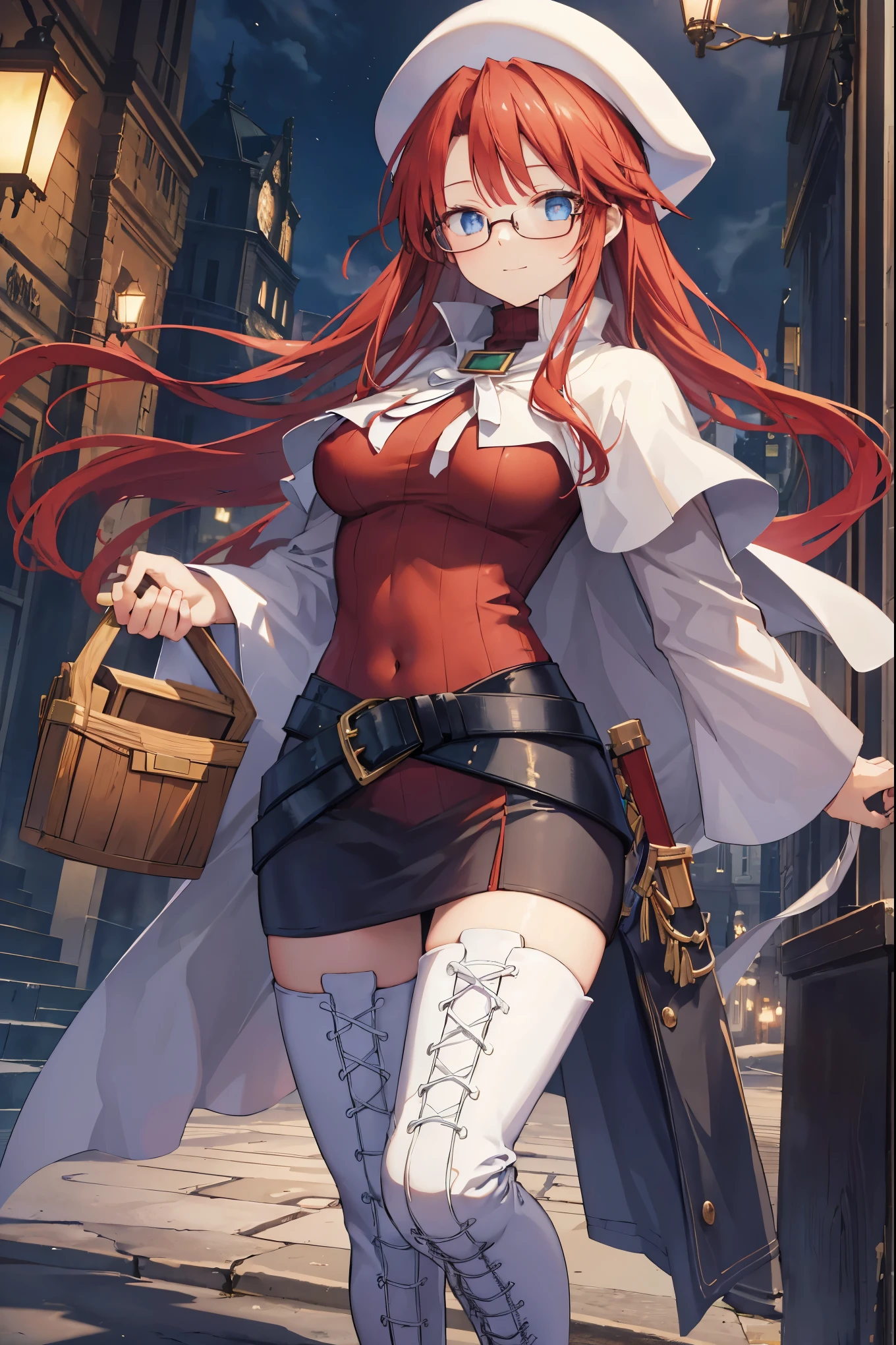 summonnightaty, aty, (young:1.3),long hair, blue eyes, red hair, large_beret, hat, glasses,
BREAK long hair, thighhighs, hat, dress, boots, glasses, belt, cape, sweater, zettai ryouiki, beret, thigh boots, white footwear, ribbed sweater, loose belt,solo,
BREAK outdoors, fantasy,on_cobblestone
,,Highquality_hads,perfect_fingers,
BREAK (masterpiece:1.2), best quality, high resolution, unity 8k wallpaper, (illustration:0.8), (beautiful detailed eyes:1.6), extremely detailed face, perfect lighting, extremely detailed CG, (perfect hands, perfect anatomy),covered_nipples,covered_navel,light_smile ,(half_eyes:1.4),long_sword,armpit,sleepy,dynamic_fighting_pose,barrel,red_sweater,apart_legs,magical_effect,spread_legs, have_a_book,teacher,rise_knee,kind_face