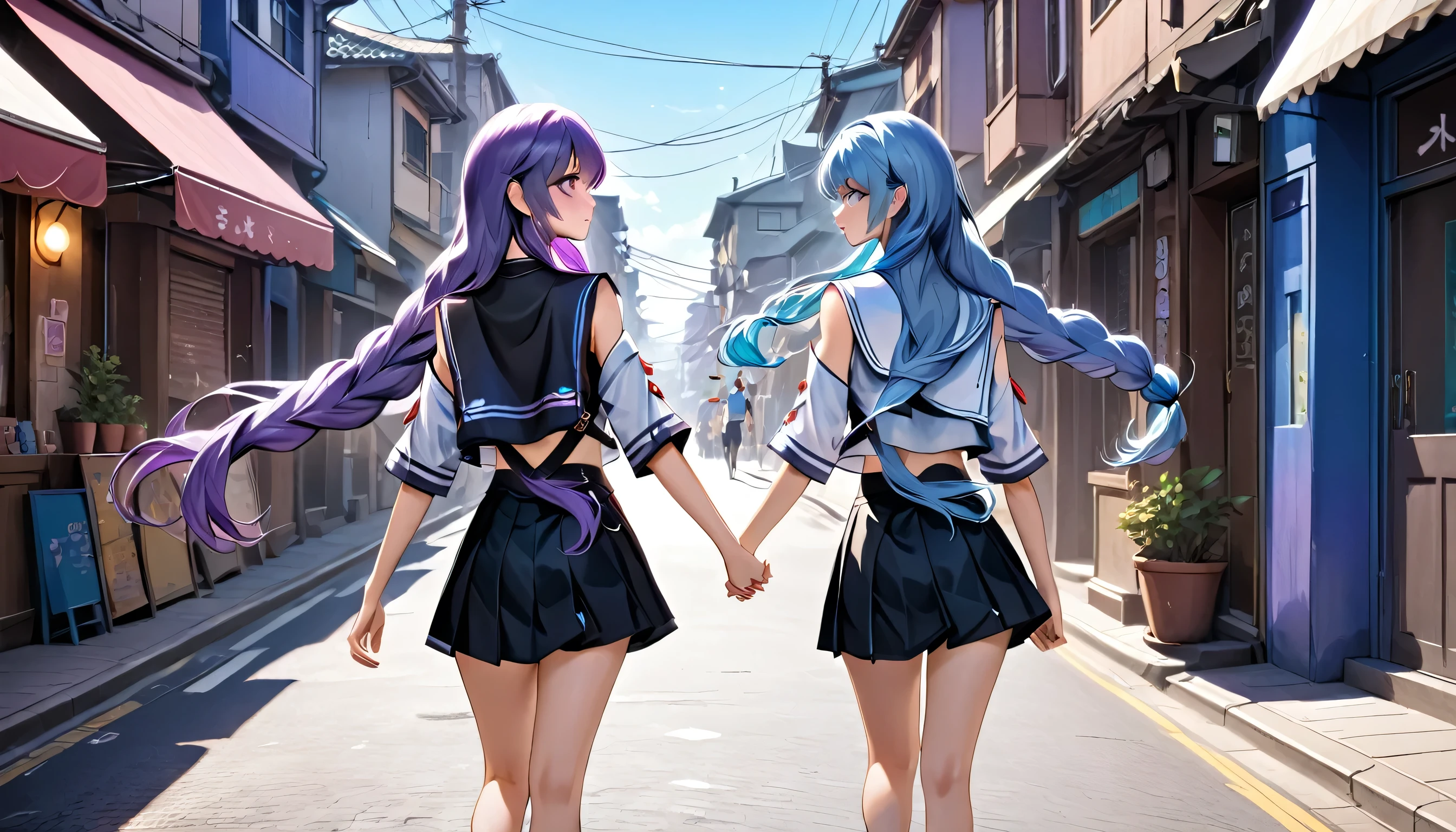 Two girls walking hand in hand on the street，A girl with long blue hair，in front of，Sailor Suit，Another purple hair，behind，Side shot，Mechanical style clothing，Show your shoulders，