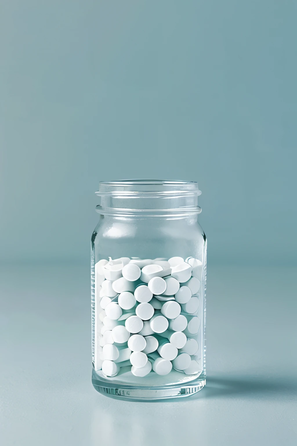 a transparent glass bottle filled with white pills, viewed directly from the side, minimalist