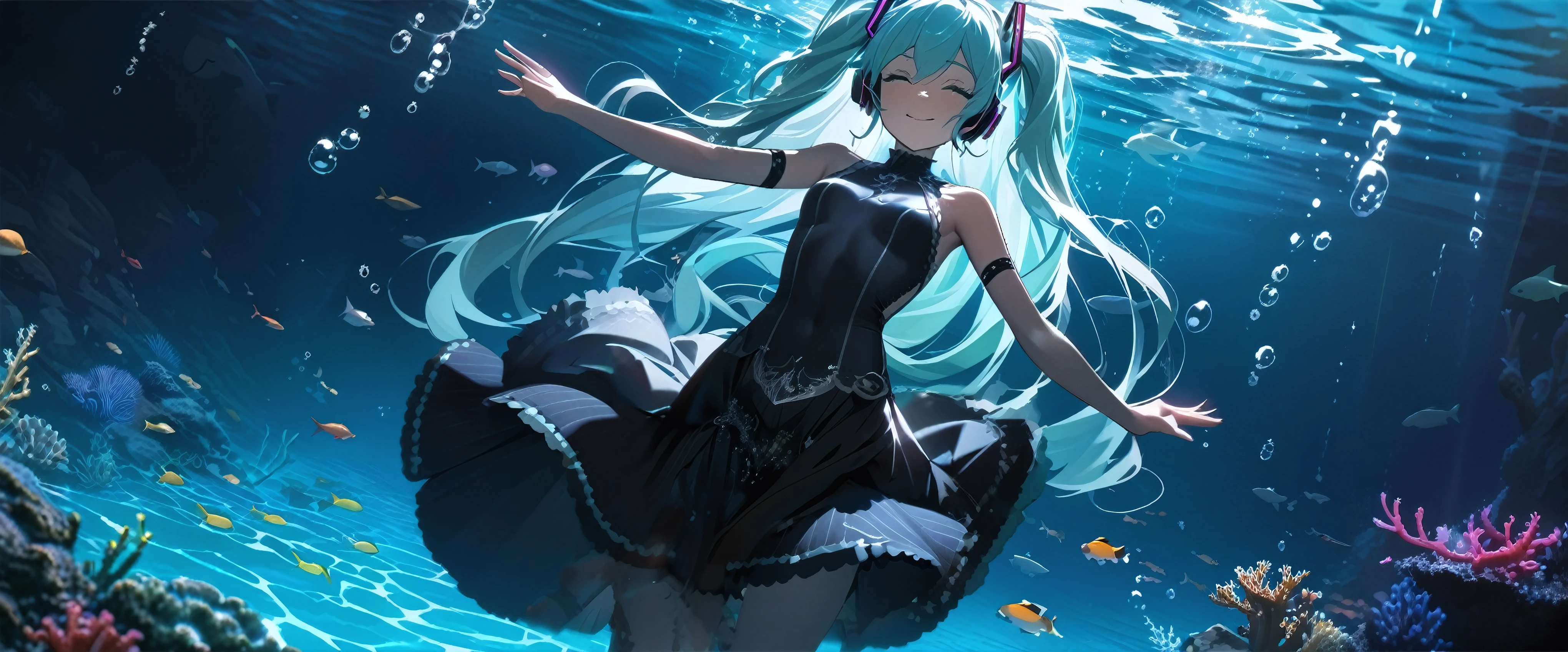 (Dramatic angle,Dynamic angle), (best quality,4k,8k,highres,masterpiece:1.2), (Hatsune Miku:1.2), (young little girl), (alone), (small breasts), eyes closed, original photo, Atmospheric distance perception, Aesthetic, complex, won, cybernetic enhancement, chiaroscuro, best quality, Detailed background, (underwater atmosphere:1.2), (Hatsune Miku wearing black Fishtail Skirt:1.2), (underwater), submerges in the sea, black silk fishtail skirt, undulating with grace, deep blue ocean, serene and profound, coral reefs, vibrant and colorful, sea creatures, curious and playful, eyes closed, peaceful expression, hair flowing, light filtering through, glimmering pearls, a beacon in the depths, sea's embrace, gentle and warm, silent world, tranquility, bubbles trailing, rhythmic dance, a smile, a moment of connection, a gaze, a shared understanding, a digital fantasy, a tale of the deep, a mesmerizing performance, a memory etched in time