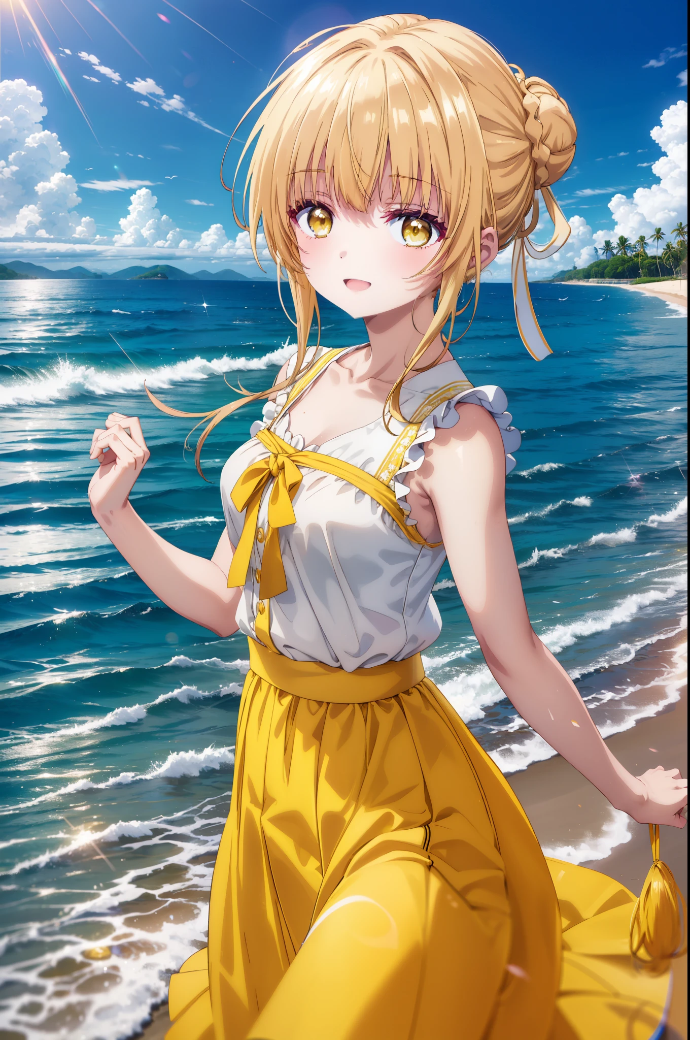 mahirushiina, Mahiru shiina, Long Hair, bangs, Blonde Hair, Brown Hair, (Yellow Eyes:1.3), happy smile, smile, Open your mouth,smile,Black jacket,Hair Bun, double Hair Bun,Yellow sleeveless dress,Yellow long skirt、barefoot,Strolling on the sandy beach,True Summer,Daytime,coastal通,whole bodyがイラストに入るように,
break outdoors, coastal,
break looking at viewer, whole body,
break (masterpiece:1.2), highest quality, High resolution, unity 8k wallpaper, (figure:0.8), (Beautiful fine details:1.6), Highly detailed face, Perfect lighting, Highly detailed CG, (Perfect hands, Perfect Anatomy),
