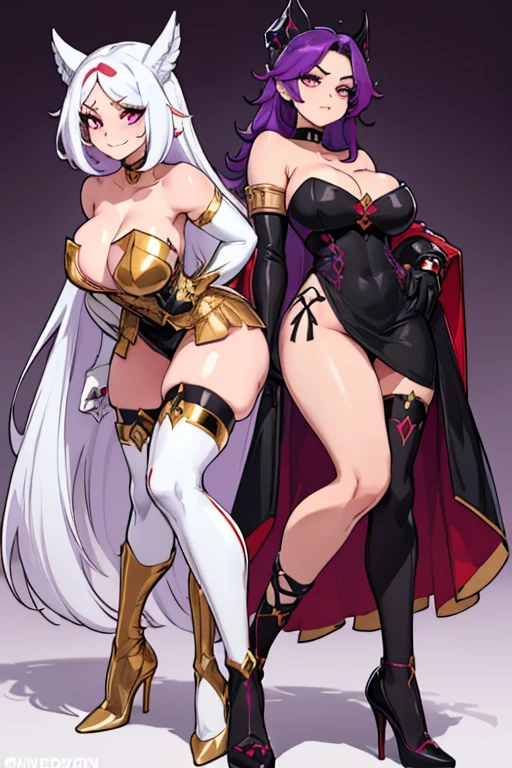 female, white long hair with purple highlights, red eyes, (((1girl))), (((black strapless dress with white trim))), (black opera gloves), (gold gauntlets), (gold shoulder guards), (purple thigh high socks with gold trim), (black heels), (black choker with ruby), cute and sexy, full body, huge breasts, huge butt, long legs, smiling