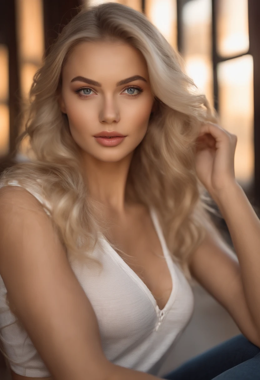 strafed woman fully , sexy girl with blue eyes, ultra realistic, meticulously detailed, portrait sophie mudd, colossal, blonde hair and large eyes, selfie of a young woman, bedroom eyes, violet Myers, without makeup, natural makeup, looking directly at the camera, face with art gram, subtle makeup, stunning full body shot in club, large size bust, soft portrait shot 8 k, attractive woman, a gorgeous blonde, blonde woman, attractive girl, blonde and attractive features, very beautiful young woman, portrait of a beautiful model, blonde girl, wearing white see through v neck t shirt, one shoulder is visible,wearing jeans, sitting on a bench