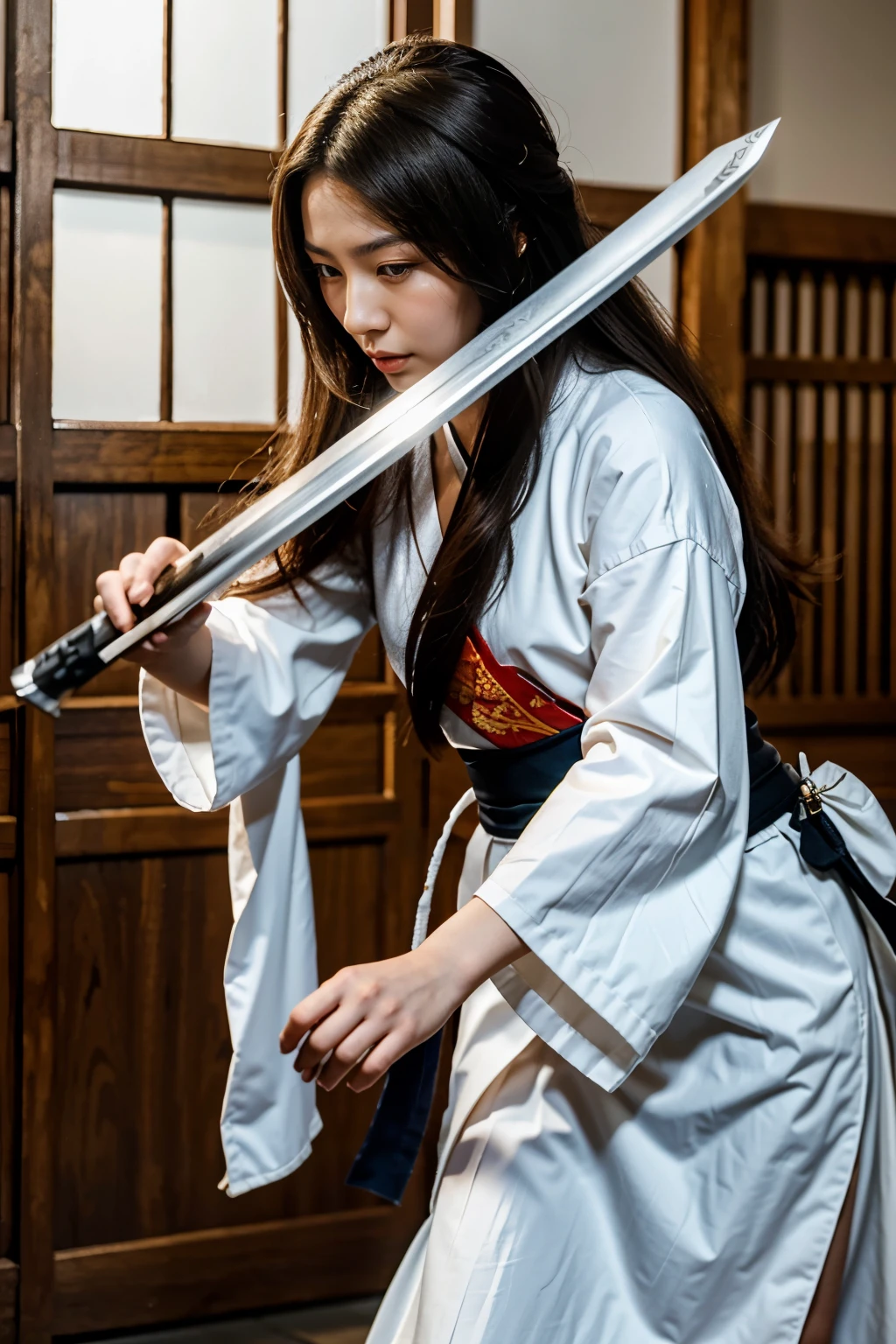 a beautiful long-haired Chinese woman wearing a white swordsman's kimono is playing her sword moves
