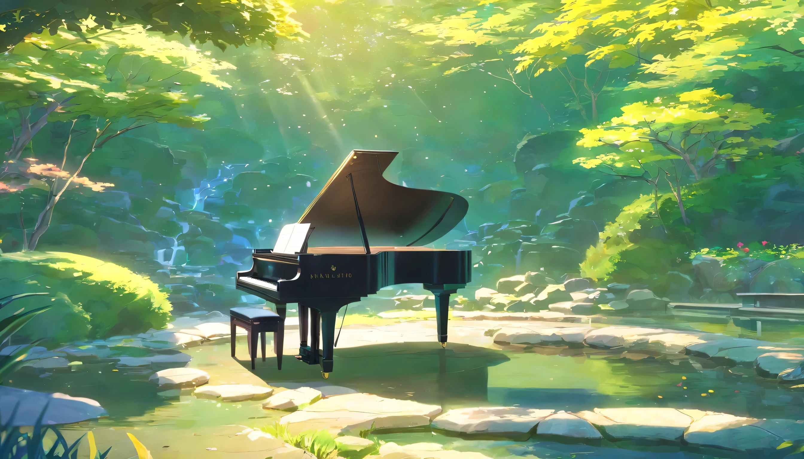 A grand piano is placed in the middle of the well-maintained Japanese garden.,quiet、The small stream sparkles