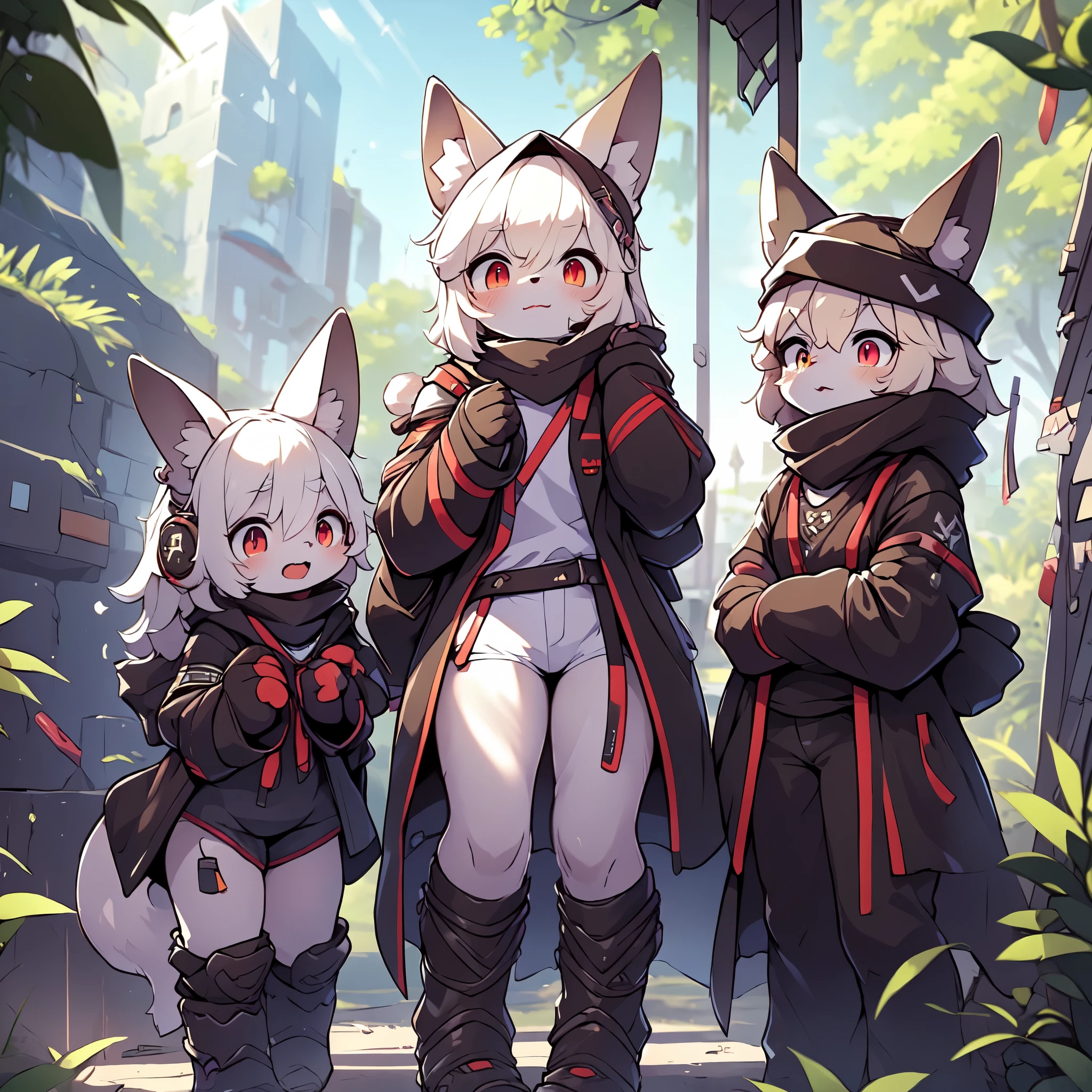 Kawaii, Striped Fluffy Fox, emaciated, long hair, 3girls, artificial synthetic skin, life support prosthetics, digital headphones, black tight latex bodysuit, white long dress, thigh-high-socks, shorts, loose off-the-shoulder hood open jacket, holsters in thigh, Mechanical boots, tactical knee pads, tactical belted loose Arm Sleeves, cybernetic Display gloves, chest rigs, tactical belts, blue archive halo, bulletproof goggles on forehead, from Ark nights, ray tracing, depth of field, bloom, masterpiece, ccurate, high details, highres