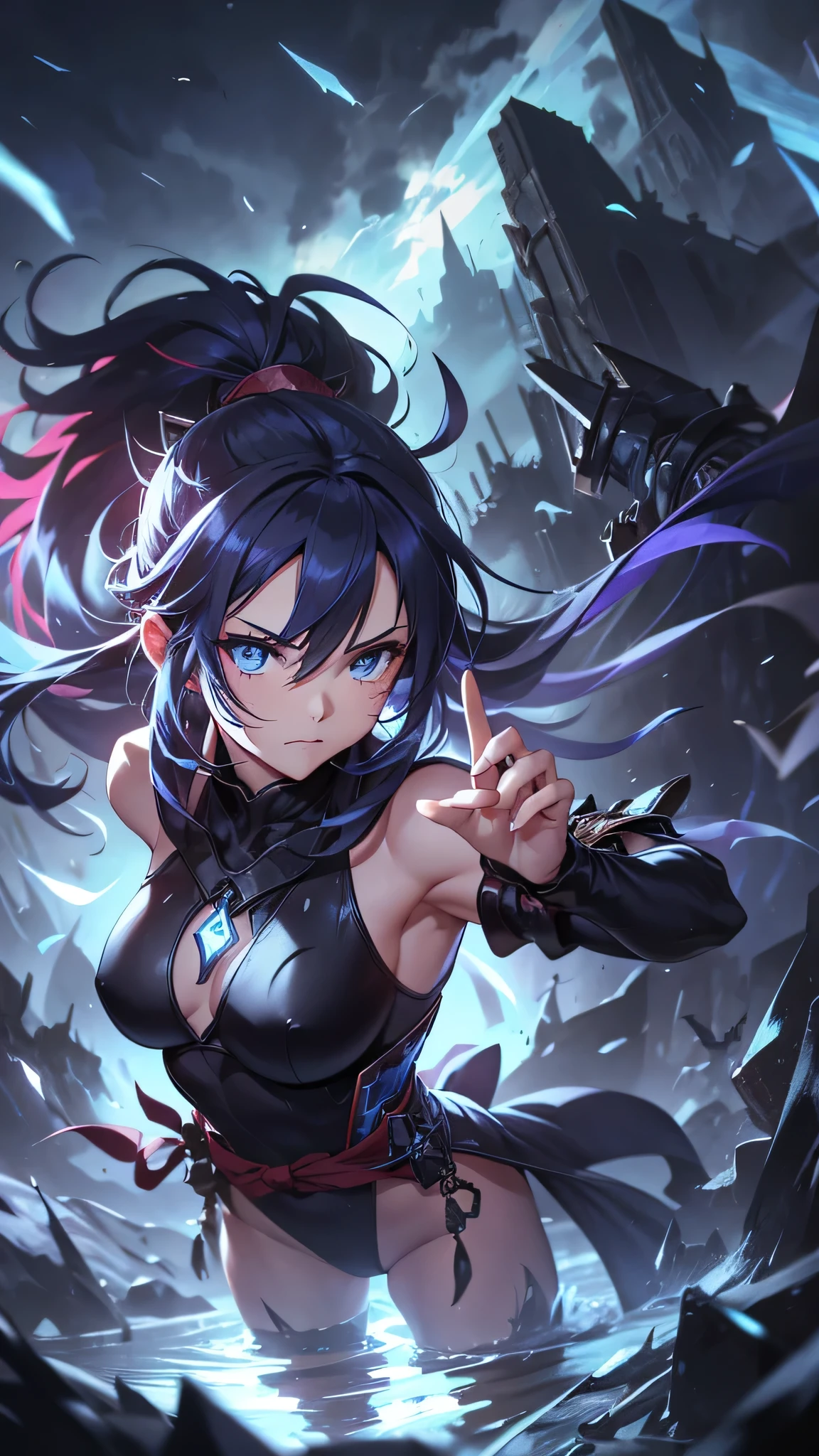 Highest quality、Highest quality、Masterpiece、girl((Age 25、as soon as、Highest Bust、Medium Bust、Wide open chest、Red glowing eyes、Black Ear、Red Mesh、Disheveled Hair、Loincloth、thin、The best valley、Open chest、Luminous Wristbands、hair ornaments、Full body view、Tank top、Black ninja costume、scar、Full body scar、Fighting Pose,Japanese sword、A little muscular、Blue aura、Watery eye、Tears))、high quality、Beautiful Art、background((night、Ninja World,volcano))、flight、Flying Debris、Depth of text、movie、Visual Arts、Perfect Art、8K、Genuine、