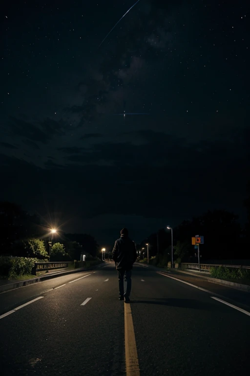 masterpiece, Quiet atmosphere, 1 man, midnight, road name, Walking while looking at the universe