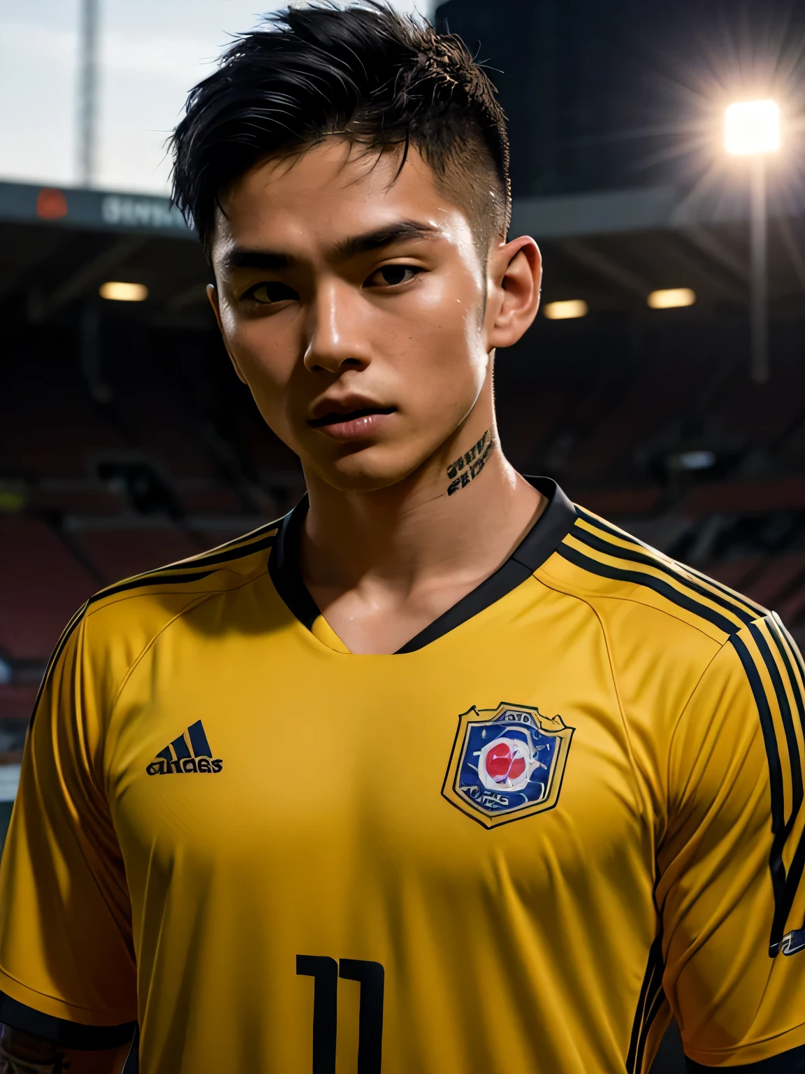 Korean soccer striker. 22 years old. Small tattoo on neck. Black hair. Short clip cut. Neck tattoo. Small tattoo on neck. Tanned face. Dramatic light. Male. Black jersey. Masterpiece, best quality, 4k, portrait, very detailed. Male. Yellow soccer jersey.