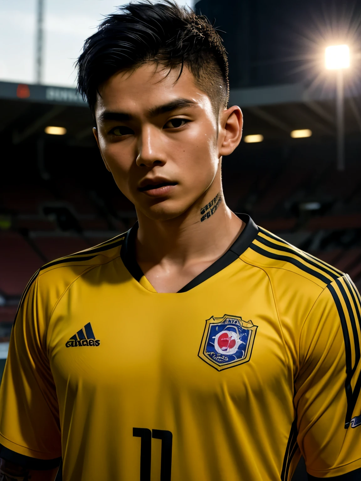 Korean soccer striker. 22 years old. Small tattoo on neck. Black hair. Short clip cut. Neck tattoo. Small tattoo on neck. Tanned face. Dramatic light. Male. Black jersey. Masterpiece, best quality, 4k, portrait, very detailed. Male. Yellow soccer jersey.