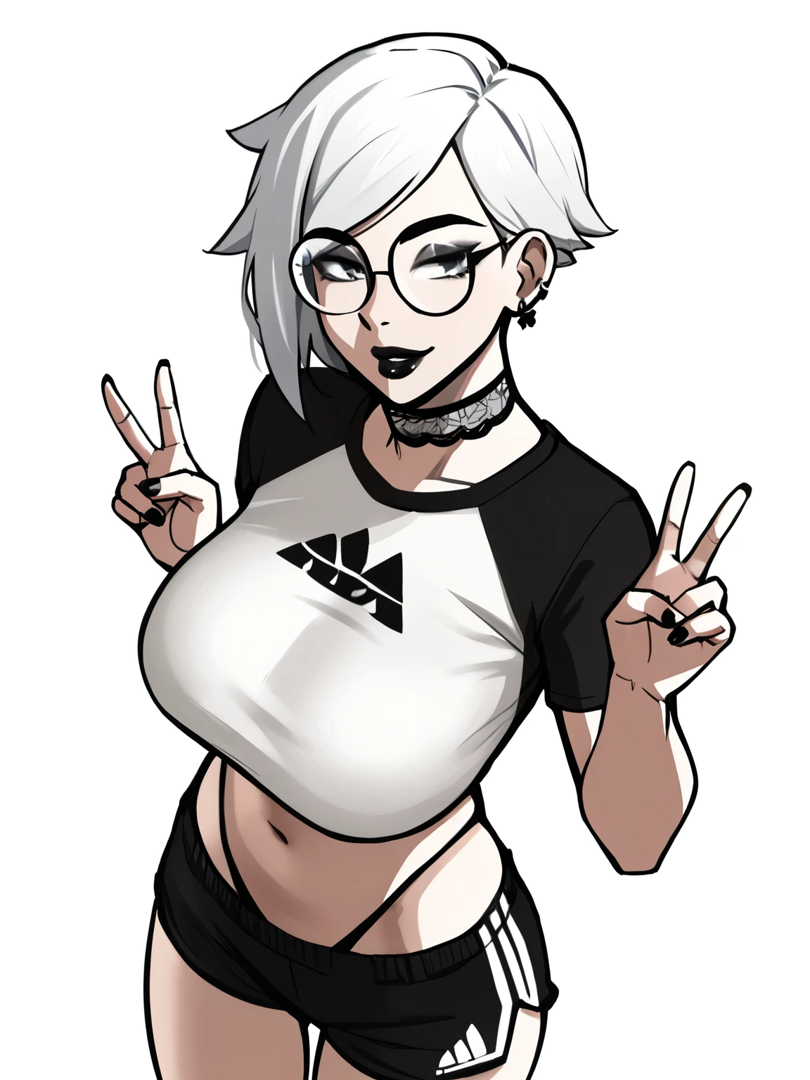 score_9, score_8_up, score_7_up, score_6_up, score_5_up, score_4_up,
BREAK
1girl, white hair, asymmetrical hair, straight hair, short hair, tomboy, grey eyes, thick lips, light smile, long eyelashes, half-closed eyes, black-framed eyewear, round eyewear, black choker, swept bangs, adult, mature, black eyeliner, ear piercing, black lips, grey eyeshadow, looking at viewer,
BREAK
solo, standing, large breasts, adult, skinny, peace sign, from above, wedgie, highleg, arched back, thigh gap, white crop to, black sport shorts, white stripes, patterned clothing, adidas, black thong, floral print choker, goth,
BREAK
(white background:1.2), simple background, dynamic pose, dynamic angle, angled shot, 