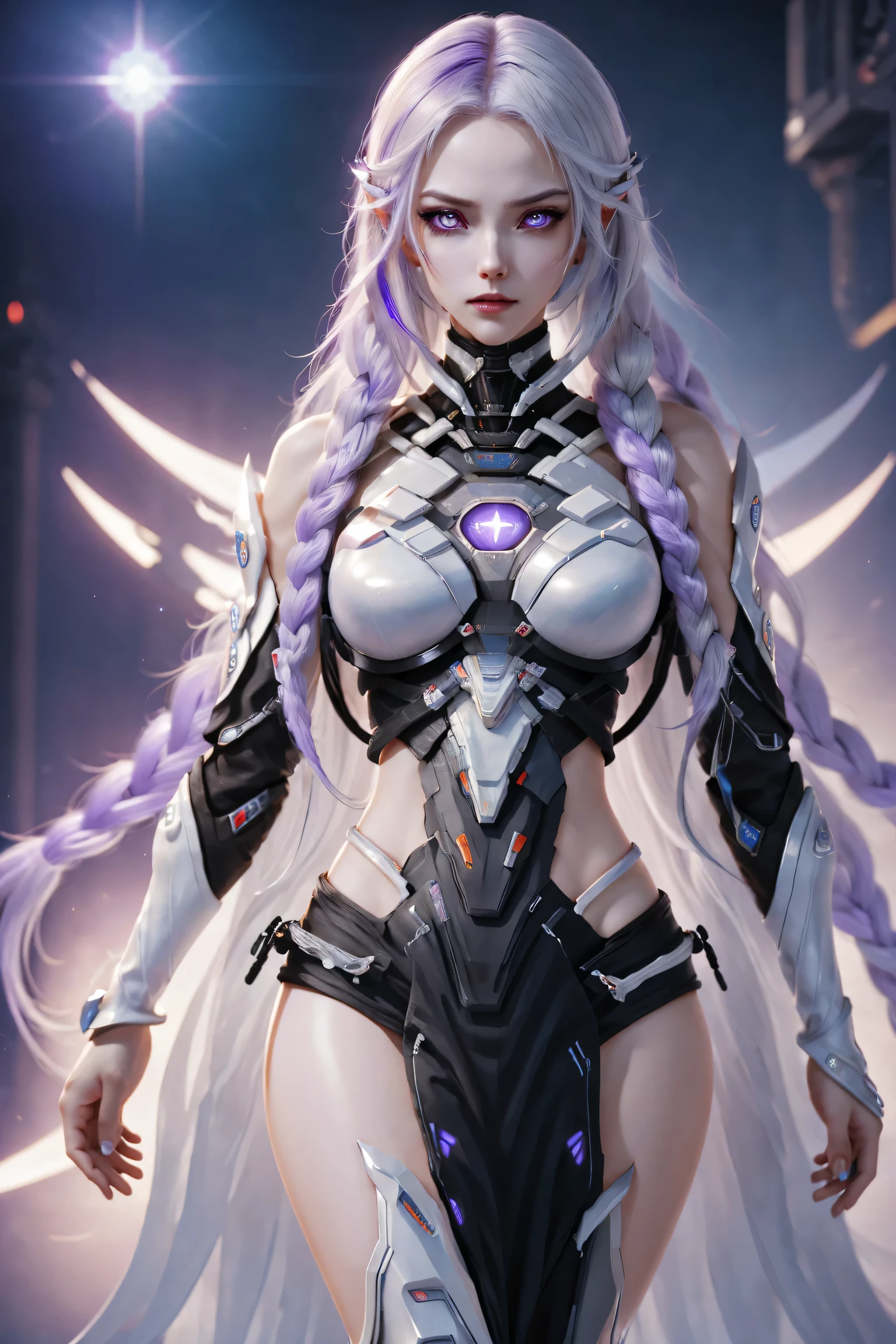 (Two cyborg girls standing back-to-back looking at the viewer), yinji, purple hair, purple eyes, long hair, white hair, double braids, gradient hair, highly detailed, intricate machinery, glossy metal skin, glowing blue lights, complex circuitry, futuristic technology, edge light, dramatic lighting, beautiful starry background, octane rendering, cool, personality, brave, realistic 3D render, cinematic composition, award winning digital art, best quality, masterpiece, illustrations, very exquisite and beautiful, very detailed, CG, unity, wallpaper, stunning, exquisite details