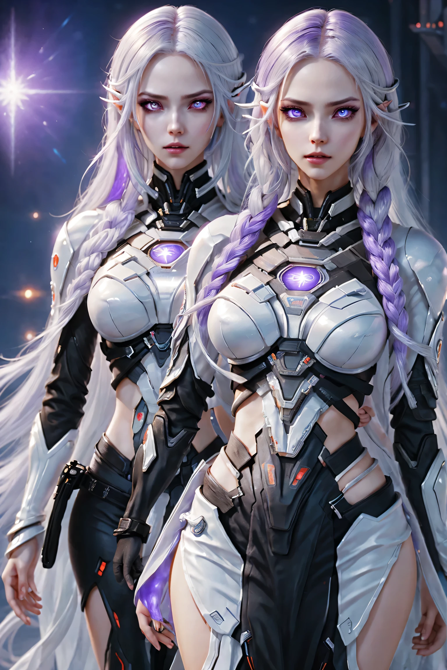 (Two cyborg girls standing back-to-back looking at the viewer), yinji, purple hair, purple eyes, long hair, white hair, double braids, gradient hair, highly detailed, intricate machinery, glossy metal skin, glowing blue lights, complex circuitry, futuristic technology, edge light, dramatic lighting, beautiful starry background, octane rendering, cool, personality, brave, realistic 3D render, cinematic composition, award winning digital art, best quality, masterpiece, illustrations, very exquisite and beautiful, very detailed, CG, unity, wallpaper, stunning, exquisite details