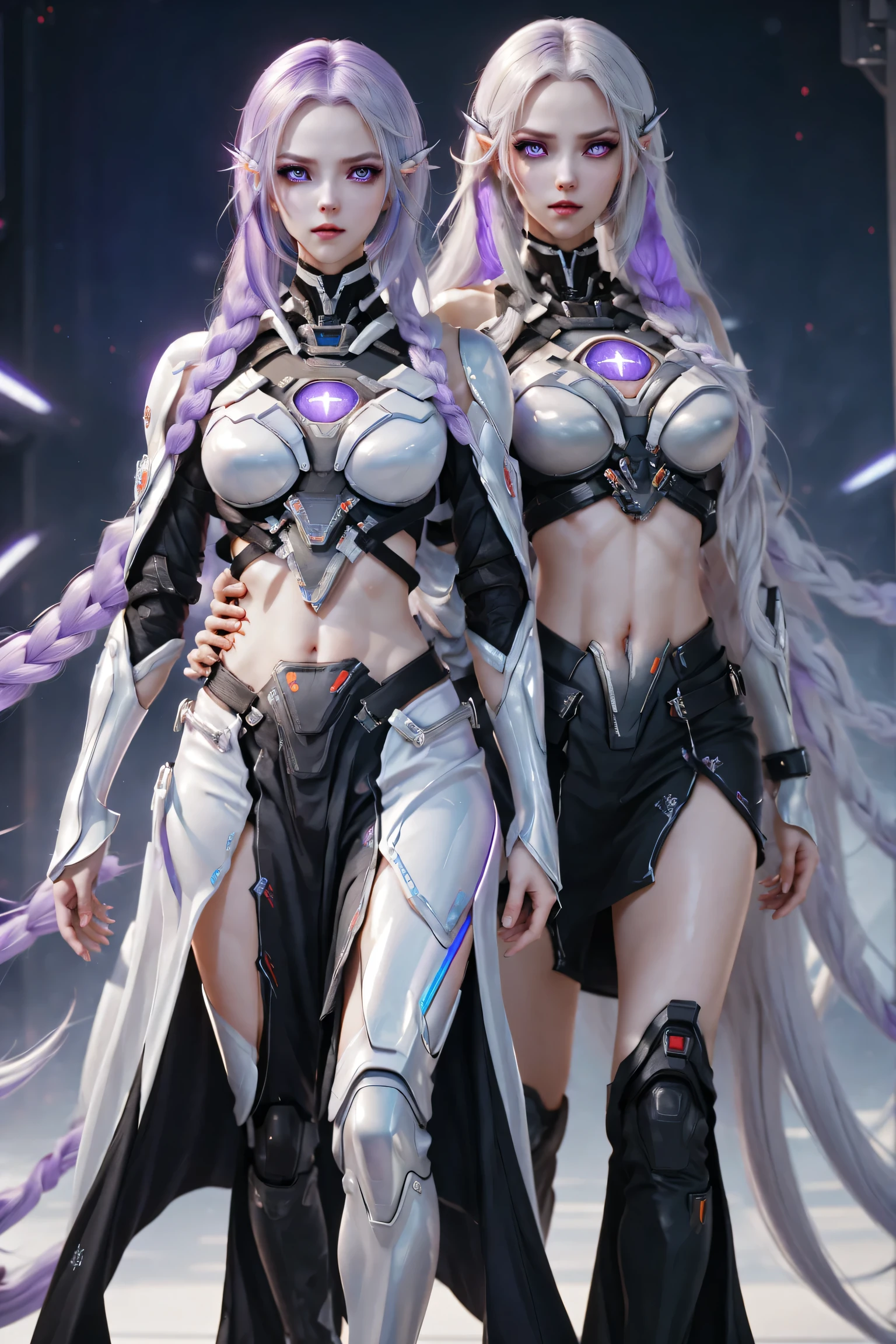(Two cyborg girls standing back-to-back looking at the viewer), yinji, purple hair, purple eyes, long hair, white hair, double braids, gradient hair, highly detailed, intricate machinery, glossy metal skin, glowing blue lights, complex circuitry, futuristic technology, edge light, dramatic lighting, beautiful starry background, octane rendering, cool, personality, brave, realistic 3D render, cinematic composition, award winning digital art, best quality, masterpiece, illustrations, very exquisite and beautiful, very detailed, CG, unity, wallpaper, stunning, exquisite details