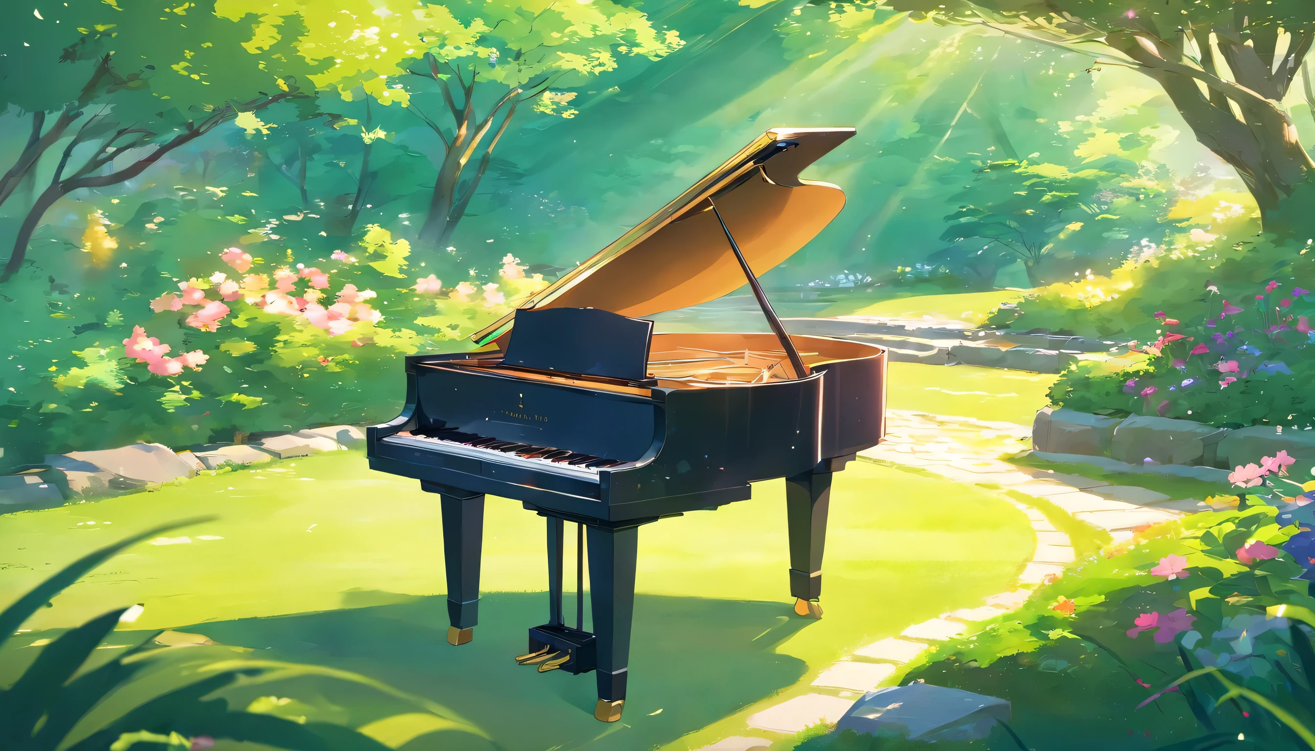 A grand piano is placed in the middle of a Japanese garden with grassy paths.,quiet、The small stream sparkles