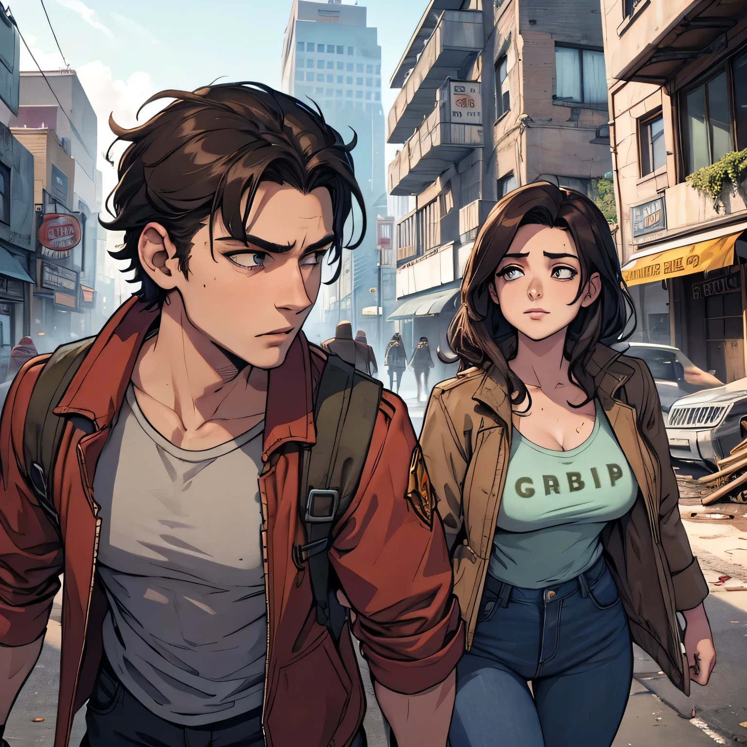 old male, accompanying a milf in a city destroyed by the zombie apocalypse