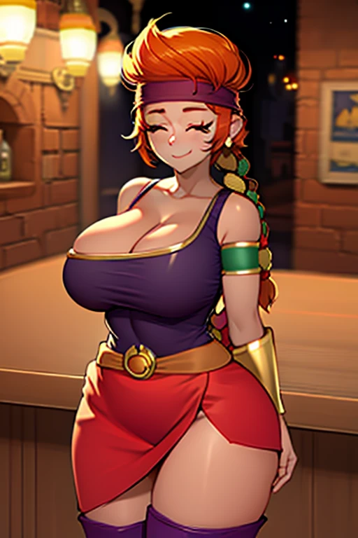 (masterpiece, best quality, hires, high resolution:1.1), (intricate details, highres), 1girl, solo, amberBS, closed eyes, orange hair, headband, smile, single braid, dark-skinned female, earrings, red towel, cleavage, bare shoulders, bracer, armband, armlet, belt, purple boots, arms behind back, gigantic breasts, wide hips, in bar