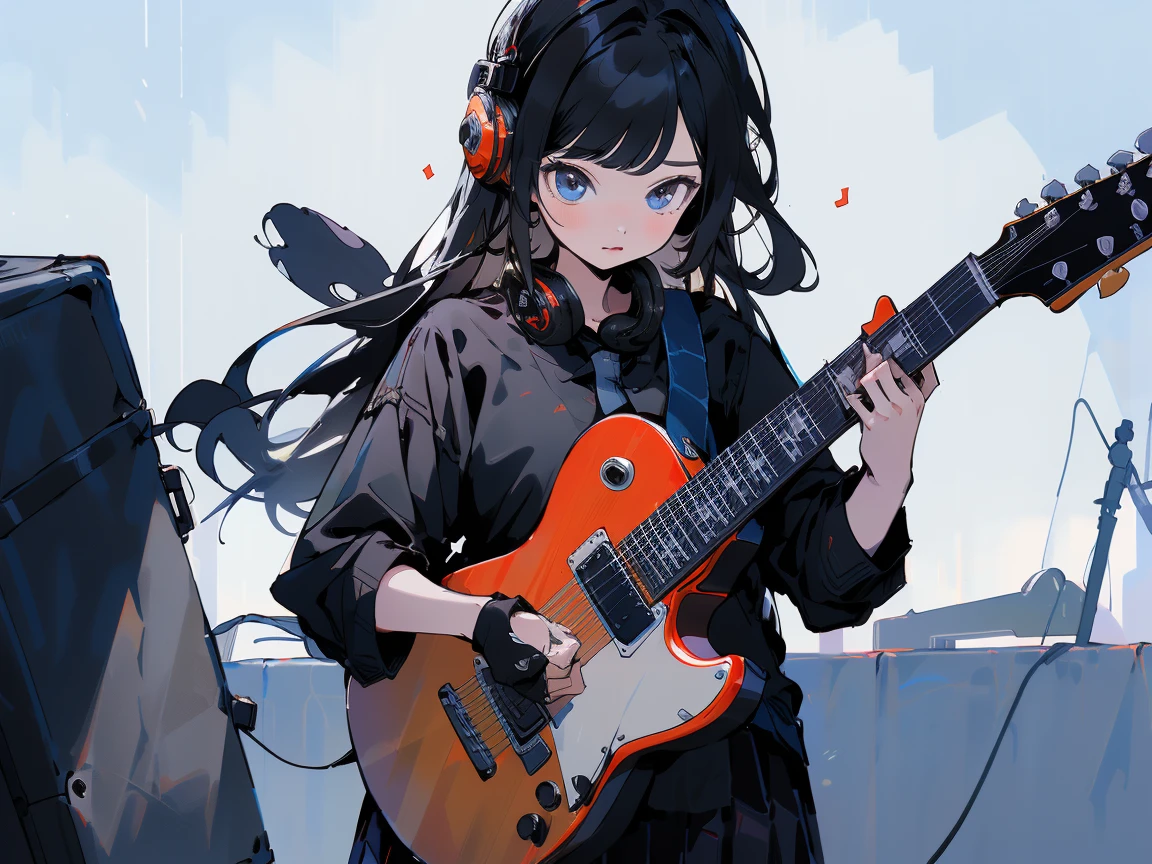 ((masterpiece,best quality)),1girl, solo, black skirt, blue eyes, electric guitar, guitar, headphones, holding, holding plectrum, instrument, long straight hair, , music, one side up, black hair, playing guiter, pleated skirt, black shirt, indoors ,(adult),bangs,(straight on:1.5)
