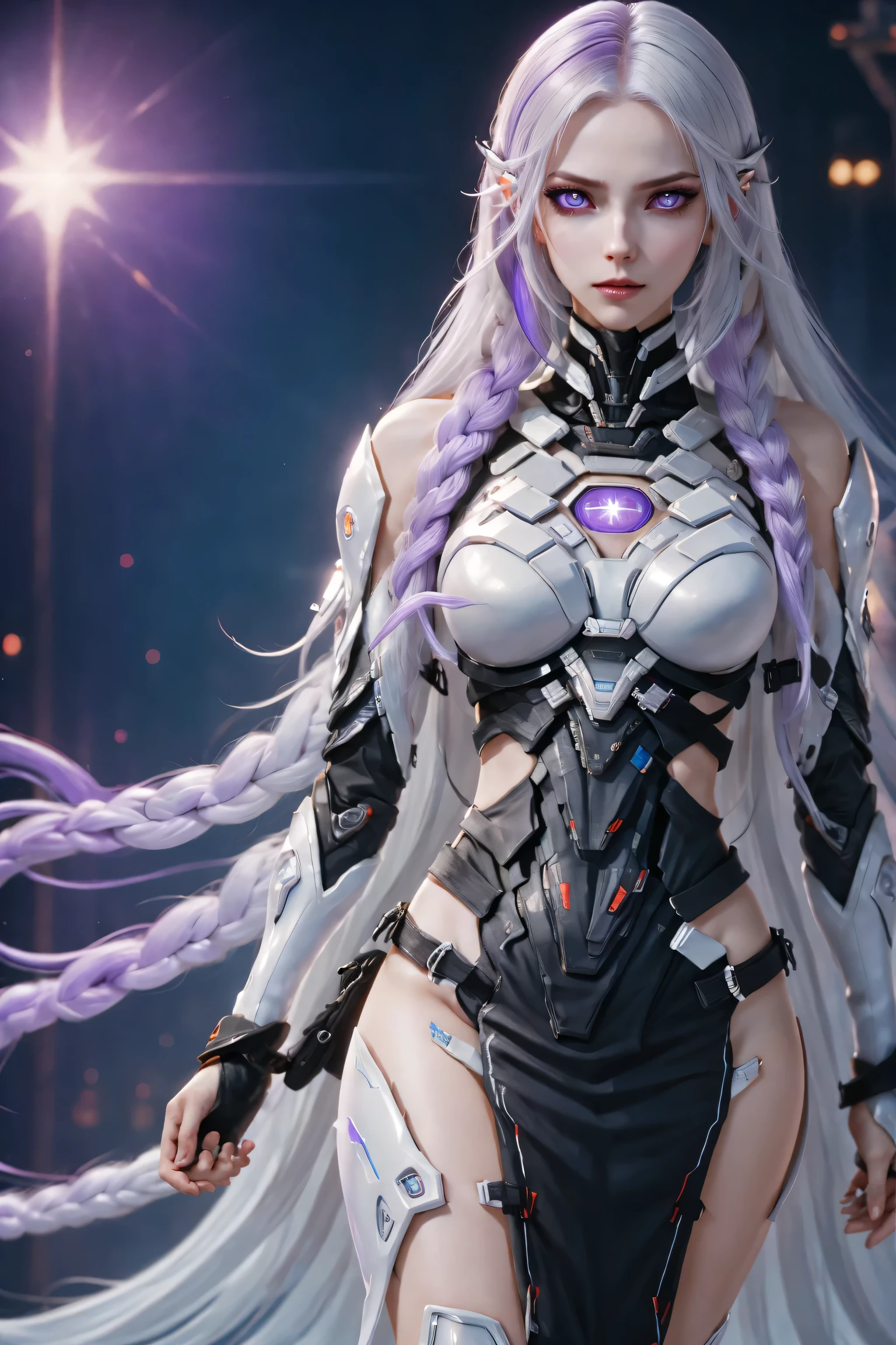 (Two cyborg girls standing back-to-back looking at the viewer), yinji, purple hair, purple eyes, long hair, white hair, double braids, gradient hair, highly detailed, intricate machinery, glossy metal skin, glowing blue lights, complex circuitry, futuristic technology, edge light, dramatic lighting, beautiful starry background, octane rendering, cool, personality, brave, realistic 3D render, cinematic composition, award winning digital art, best quality, masterpiece, illustrations, very exquisite and beautiful, very detailed, CG, unity, wallpaper, stunning, exquisite details