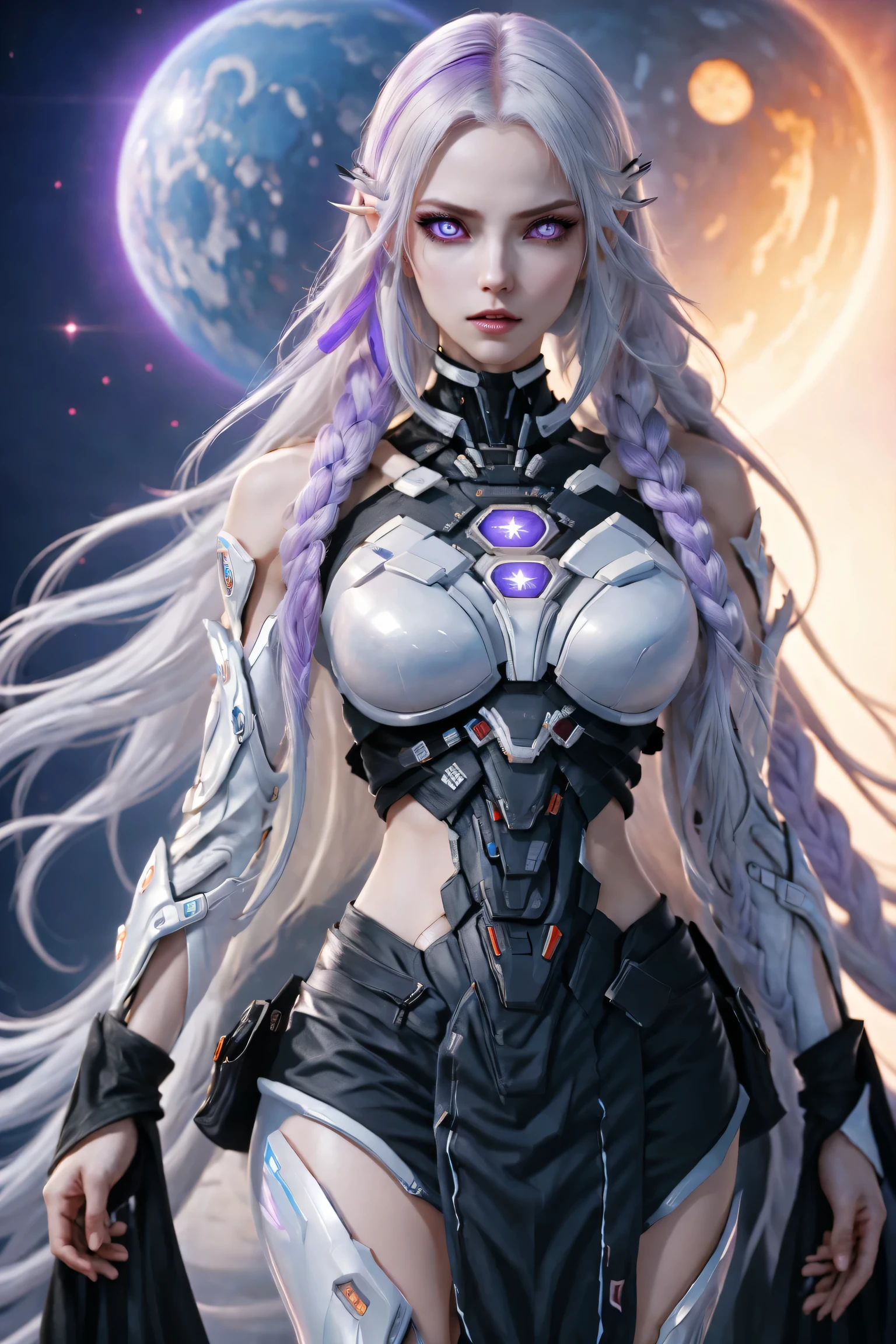 (Two cyborg girls standing back-to-back looking at the viewer), yinji, purple hair, purple eyes, long hair, white hair, double braids, gradient hair, highly detailed, intricate machinery, glossy metal skin, glowing blue lights, complex circuitry, futuristic technology, edge light, dramatic lighting, beautiful starry background, octane rendering, cool, personality, brave, realistic 3D render, cinematic composition, award winning digital art, best quality, masterpiece, illustrations, very exquisite and beautiful, very detailed, CG, unity, wallpaper, stunning, exquisite details