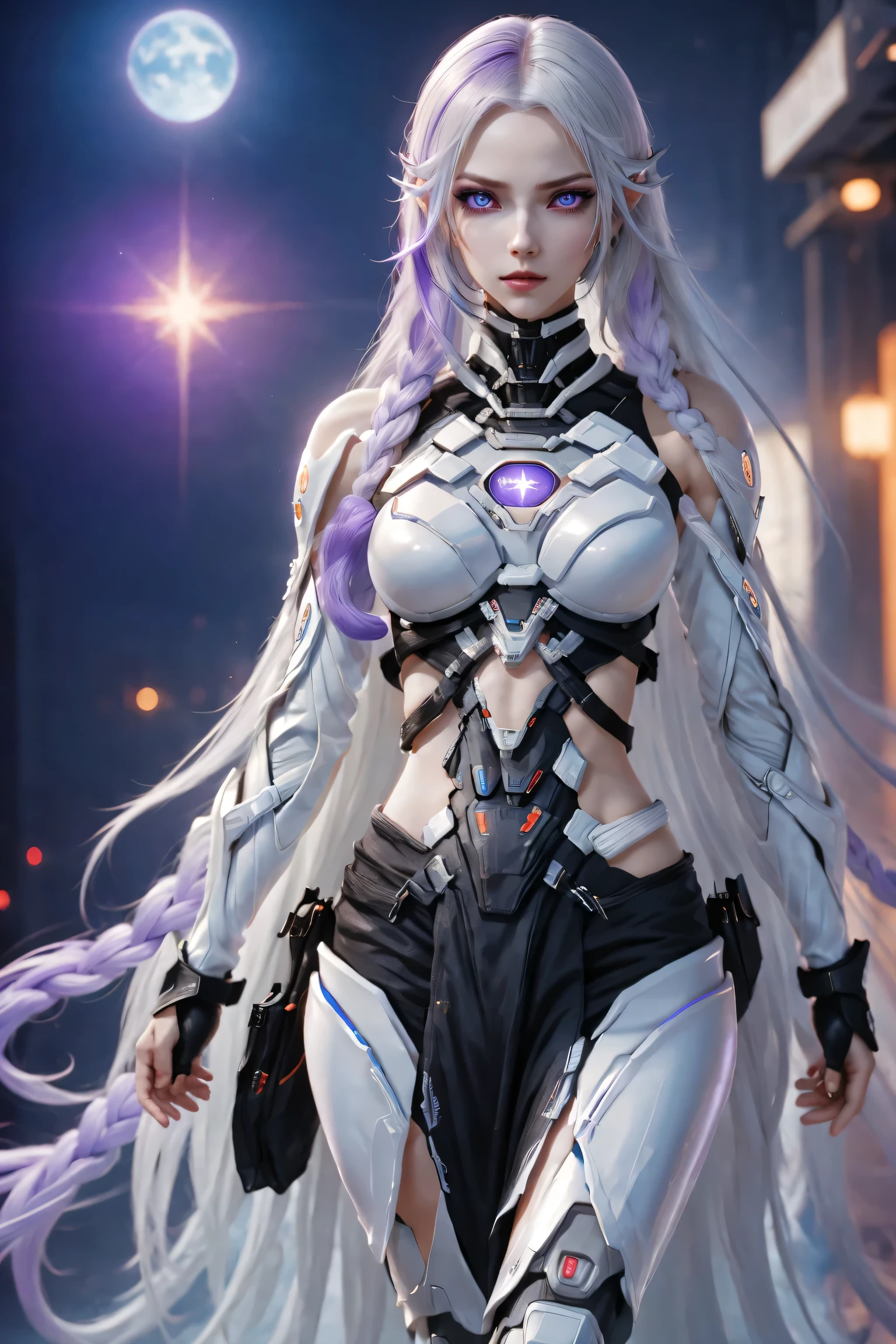 (Two cyborg girls standing back-to-back looking at the viewer), yinji, purple hair, purple eyes, long hair, white hair, double braids, gradient hair, highly detailed, intricate machinery, glossy metal skin, glowing blue lights, complex circuitry, futuristic technology, edge light, dramatic lighting, beautiful starry background, octane rendering, cool, personality, brave, realistic 3D render, cinematic composition, award winning digital art, best quality, masterpiece, illustrations, very exquisite and beautiful, very detailed, CG, unity, wallpaper, stunning, exquisite details