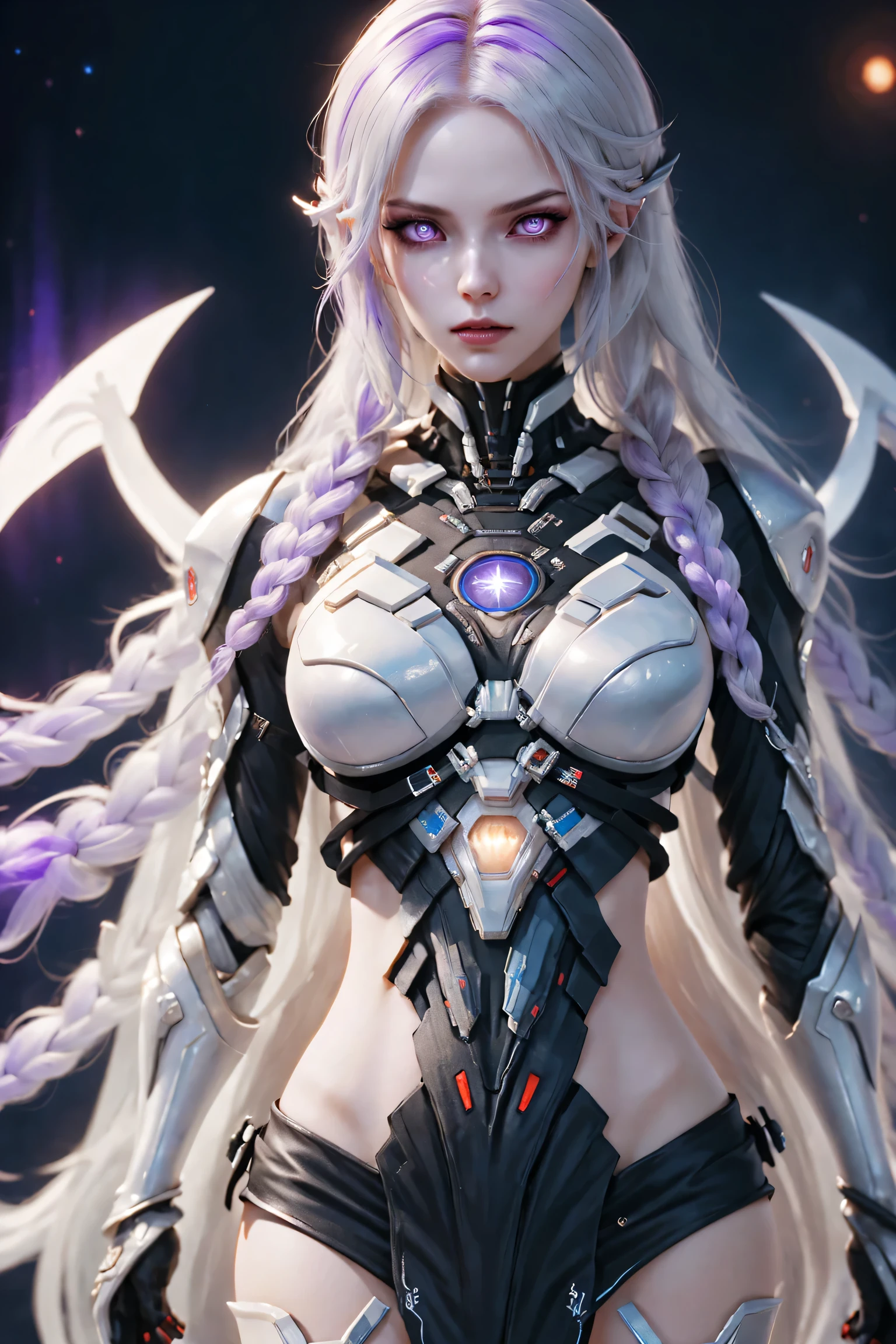 (Two cyborg girls standing back-to-back looking at the viewer), yinji, purple hair, purple eyes, long hair, white hair, double braids, gradient hair, highly detailed, intricate machinery, glossy metal skin, glowing blue lights, complex circuitry, futuristic technology, edge light, dramatic lighting, beautiful starry background, octane rendering, cool, personality, brave, realistic 3D render, cinematic composition, award winning digital art, best quality, masterpiece, illustrations, very exquisite and beautiful, very detailed, CG, unity, wallpaper, stunning, exquisite details