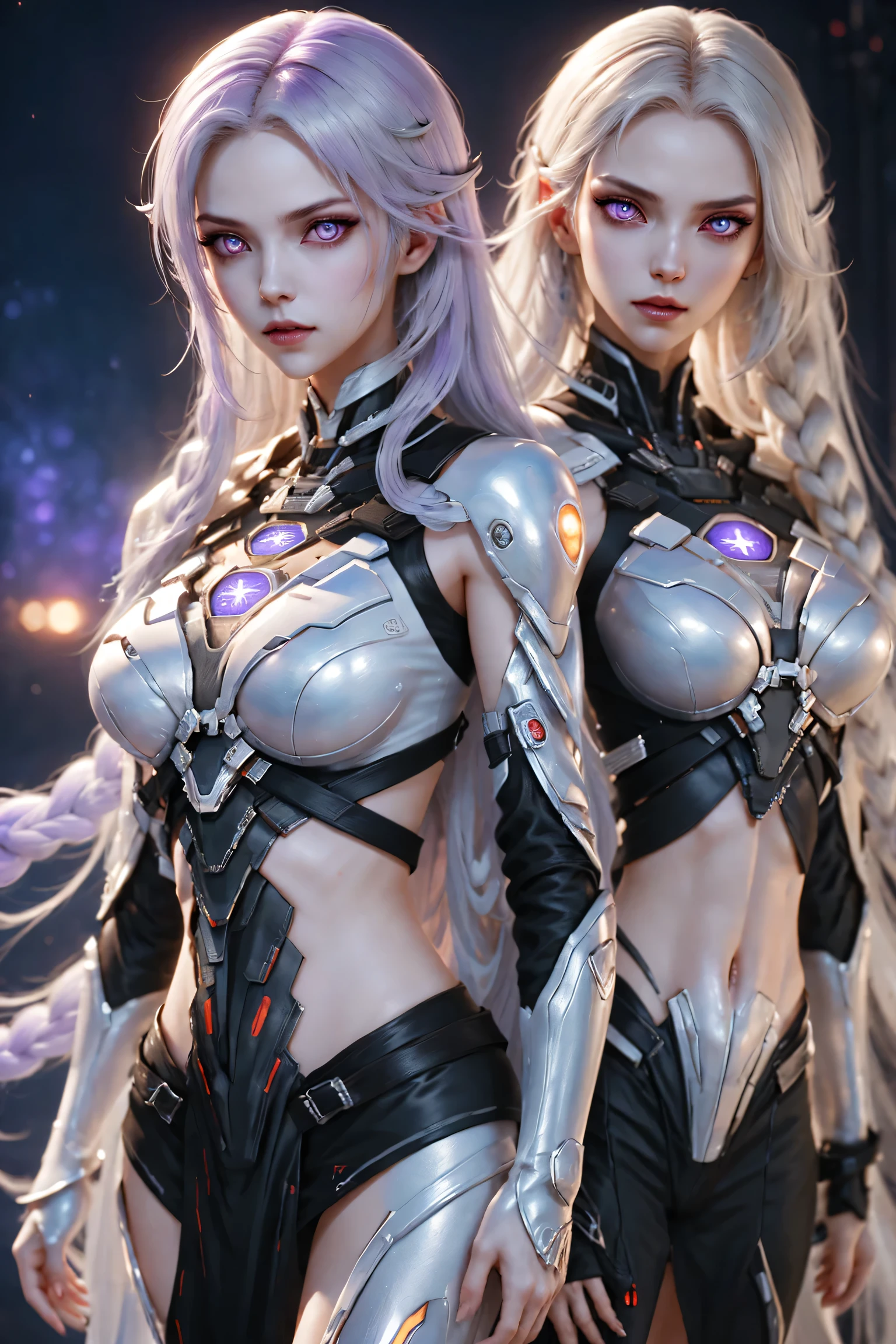(Two cyborg girls standing back-to-back looking at the viewer), yinji, purple hair, purple eyes, long hair, white hair, double braids, gradient hair, highly detailed, intricate machinery, glossy metal skin, glowing blue lights, complex circuitry, futuristic technology, edge light, dramatic lighting, beautiful starry background, octane rendering, cool, personality, brave, realistic 3D render, cinematic composition, award winning digital art, best quality, masterpiece, illustrations, very exquisite and beautiful, very detailed, CG, unity, wallpaper, stunning, exquisite details
