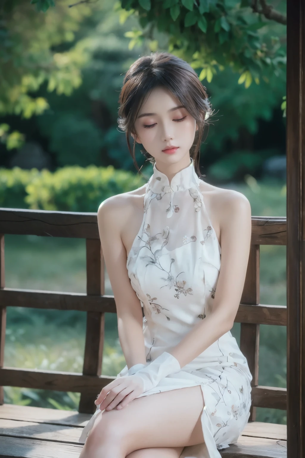 1girl, blurry, sitting, blurry_background, tree, solo, t-shirt, bracelet, jewelry, day, white_dress, closed_eyes, brown_hair, gloves, depth_of_field, black_gloves, lips, bare_shoulders,extremely detailed CG unity 8k wallpaper,masterpiece, best quality, ultra-detailed, beautiful detailed eyes:1.2,best illumination, (best shadow, an extremely delicate and beautiful, bloom),(masterpiece:1,2), best quality, masterpiece, highres, original, extremely detailed wallpaper, perfect lighting,(extremely detailed CG:1.2), drawing, paintbrush,