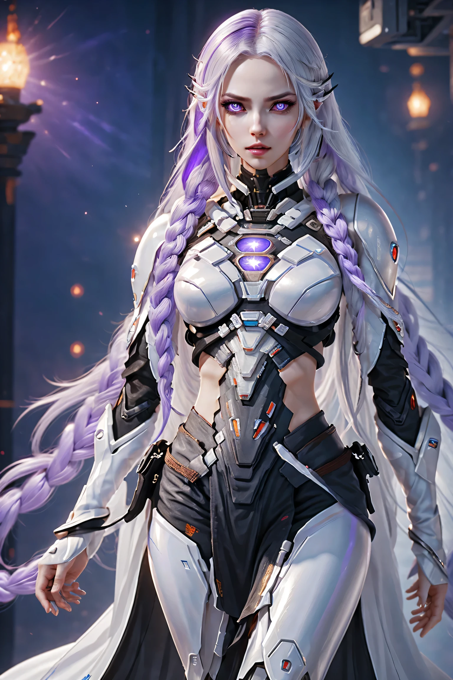 (Two cyborg girls standing back-to-back looking at the viewer), yinji, purple hair, purple eyes, long hair, white hair, double braids, gradient hair, highly detailed, intricate machinery, glossy metal skin, glowing blue lights, complex circuitry, futuristic technology, edge light, dramatic lighting, beautiful starry background, octane rendering, cool, personality, brave, realistic 3D render, cinematic composition, award winning digital art, best quality, masterpiece, illustrations, very exquisite and beautiful, very detailed, CG, unity, wallpaper, stunning, exquisite details