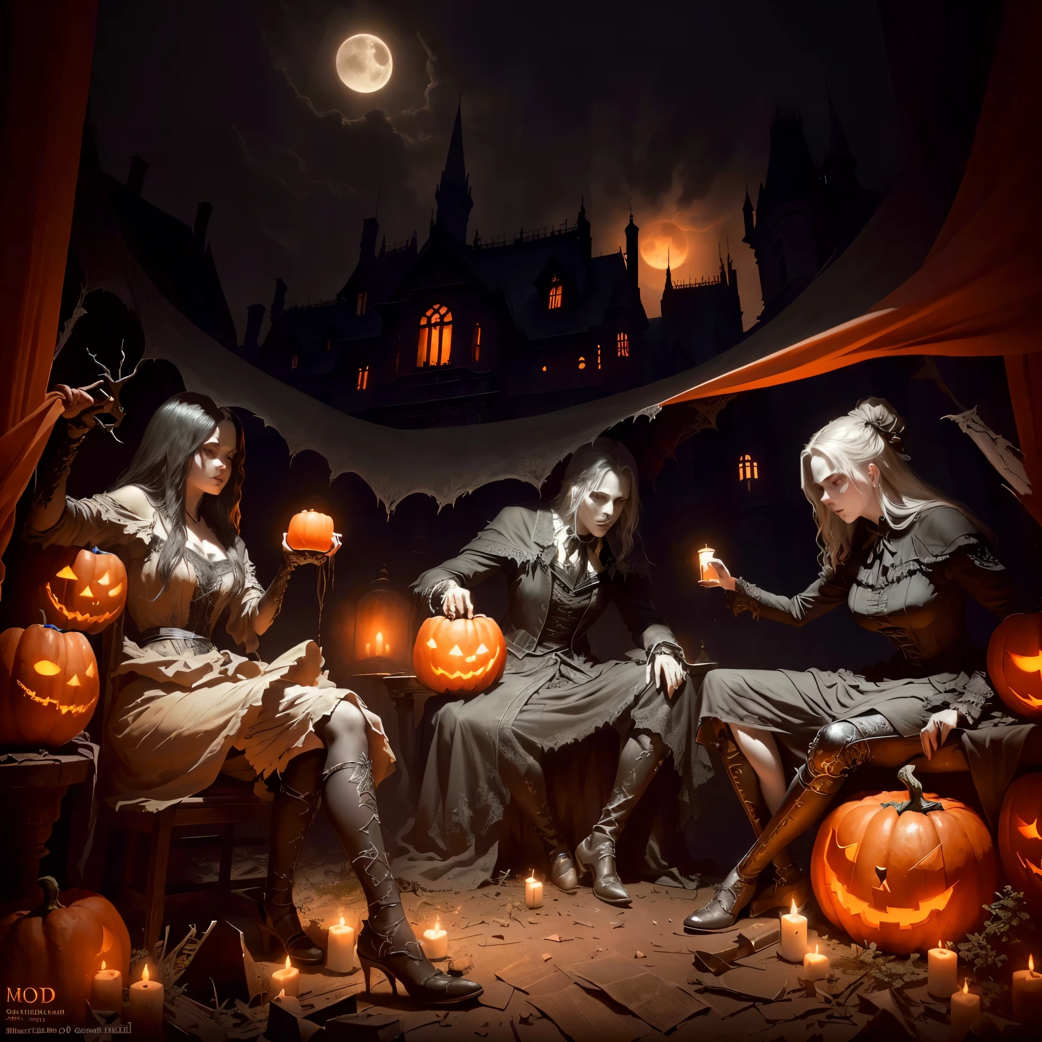 masterpiece,Very detailed,Highest quality,a spooky night, celebration, haunting and eerie atmosphere, detailed horror art, dark moody lighting, ominous shadows,architecture, jack-o-lanterns, bats flying, creepy crawling creatures, cobwebs, full moon, trick or treat, haunted house, dark forest, (best quality,masterpiece:1.2),ultra-detailed,(realistic,photo-realistic:1.37),dark fantasy art, horror illustration, concept art, cinematic lighting, moody colors, deep shadows