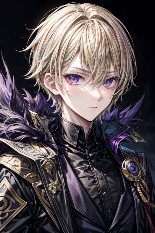 a highly detailed portrait of a young man with short blonde hair and purple eyes, wearing black warlock clothes and a half-masquerade mask, masterpiece, best quality, extremely detailed face and eyes, expressive eyes, anime style, adult male,