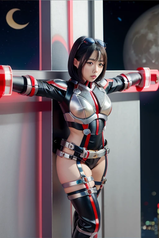 masterpiece,highest quality, 超A high resolution, (Realistic)、RAW Photos,(every time :1.2), ((One Japanese woman、Wearing a Kamen Rider suit、Crucified on a cross))、(Landscape Photography)、

Halter neck、Shape that accentuates the bust、((Thighs exposed))、(Thigh-high boots)、Stiletto heels、Long gloves、

Silver Hair、Short Bob Hair:1.2、Big eyes:1.2、Plump face、Solid eye makeup:1.5、Highly detailed eyes、Ample breasts、looking at the camera、((whole body))、

Big Moon、Bright moonlight、Nebula Sky、