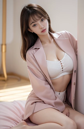 NSFW ((Night view.), realistic light, best qualit, Masterpiece:1.3)), 1girle, Beautiful woman with a slim figure: 1.4, (brown hair, Huge breasts: 1.3), Floor, Super detailed face, Detailed eyes, Double eyelidd, Asian woman posing for photo pink dress and white shirt, Japanese  for girls, korean girl, japanese ,only wearing Loose naked-jacket collar sailor uniform, no bra, no underwear, showing nude breasts. sakimichan,  cute kawaii girl, Korean female fashion model, moaning, Bloom!, 8k , Full body photo shot 