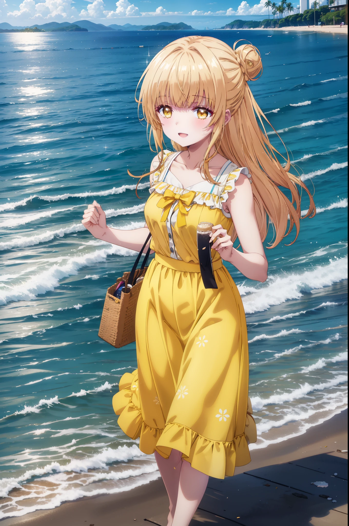 mahirushiina, Mahiru shiina, Long Hair, bangs, Blonde Hair, Brown Hair, (Yellow Eyes:1.3), happy smile, smile, Open your mouth,smile,Black jacket,Hair Bun, double Hair Bun,Yellow sleeveless dress,Yellow long skirt、barefoot,Strolling on the sandy beach,True Summer,Daytime,coastal通,whole bodyがイラストに入るように,
break outdoors, coastal,
break looking at viewer, whole body,
break (masterpiece:1.2), highest quality, High resolution, unity 8k wallpaper, (figure:0.8), (Beautiful fine details:1.6), Highly detailed face, Perfect lighting, Highly detailed CG, (Perfect hands, Perfect Anatomy),