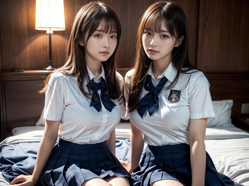 (RAW photo, 4k, masterpiece, high resolution, extremely complex) (realistic: 1.4), cinematic lighting
 ((2 girls, 2 schoolgirls)),Slam Dunk's,blushing,((innocent)),bright eyes,round eyes,blunt bangs,(straight hair:1.3),black hair,large breasts,wide hips,Summer Noon, ,Hot, (Best Quality), (Highres), (an Extremely Delicate and Beautiful),(Beautiful 8k face),(Brown eyes),short bob hair,( spectators),(gigantic breasts),(Play with each other,Touching each other's bodies,Touching the body),(Japanese high school uniform:1.3),blue skirt,(reality),bright lighting,(The background is a luxury hotel room)