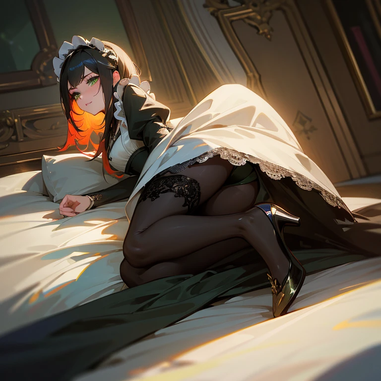 a beautiful detailed fox girl with striking green eyes, long eyelashes, elegant facial features, wearing a maid dress, black stockings, and high heels, engaged in romantic passionate sex with a man, highly detailed, photorealistic, masterpiece, 8k, hyper realistic, vivid colors, dramatic lighting, cinematic composition, smooth shading, intricate details