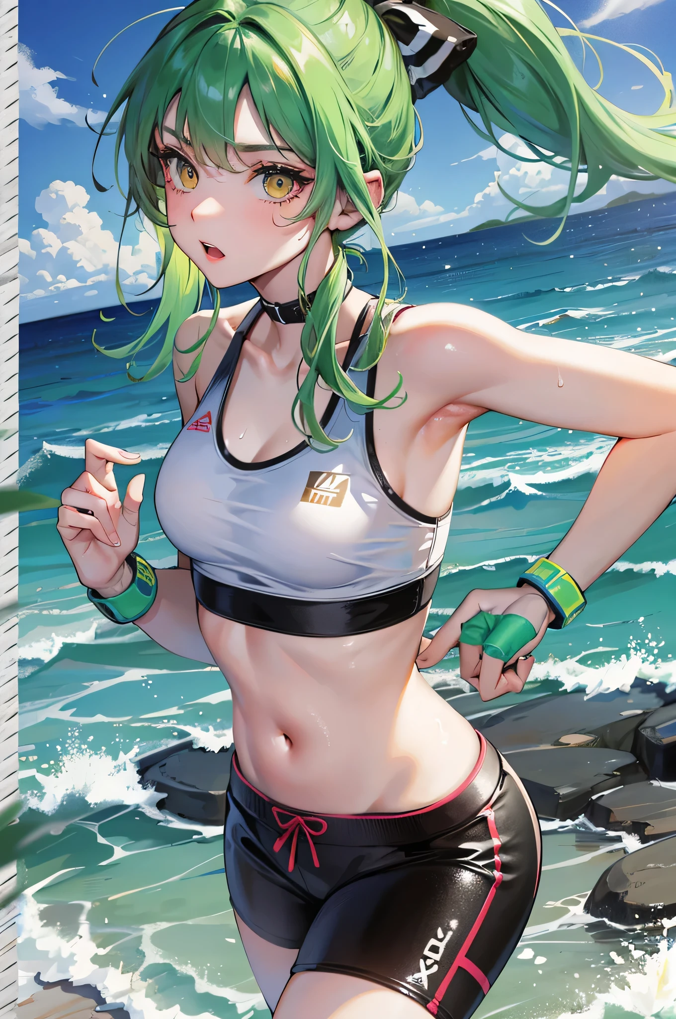 (training style) (in the Sandy Beach), low-angle (in a Sporty tank top, hot short pants) (solo:2 ponytail green hair long hair cute girl, cute yellow eyes, sweaty skin) is (running on beach), BREAK, in sunset time, perfect anatomy, masterpiece, best quality, 16k, beautiful detailed grow, daydreaming expression.