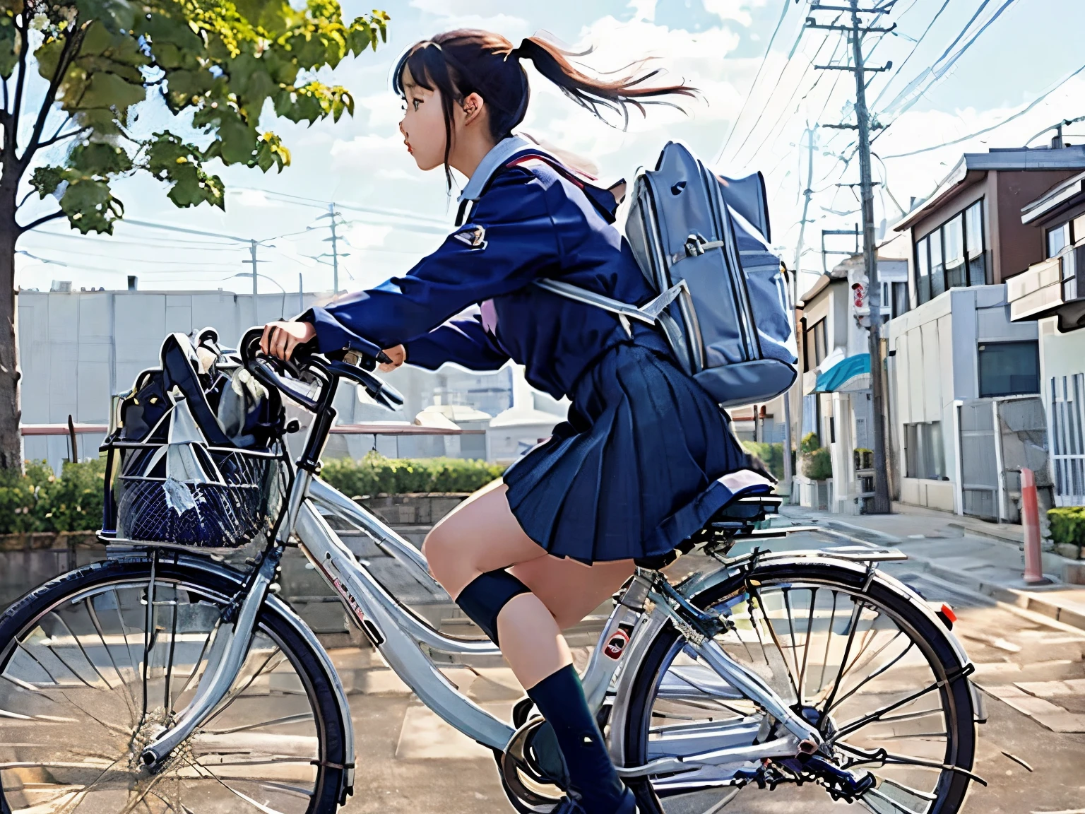 (masterpiece, highest quality:1.2), Reality、(One girl riding a bicycle), alone、high school girl、uniform、(no bags)、(whole)、(From diagonally ahead)、Blank background、White background、