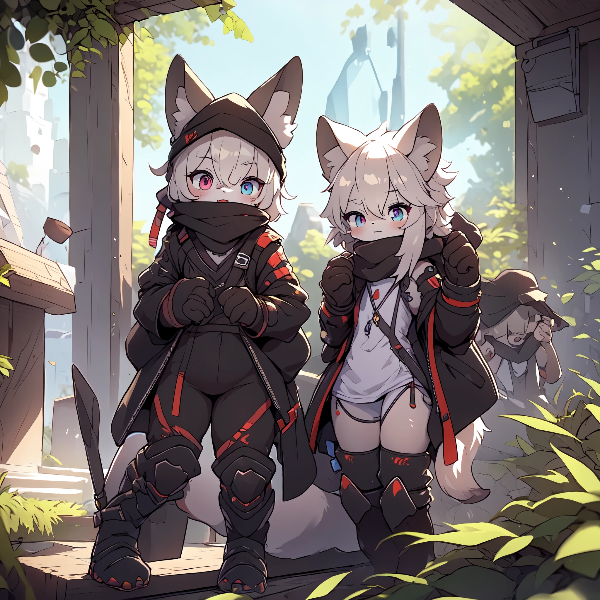 Kawaii, Striped Fluffy Fox, emaciated, long hair, 3girls, artificial synthetic skin, life support prosthetics, digital headphones, black tight latex bodysuit, white long dress, thigh-high-socks, shorts, loose off-the-shoulder hood open jacket, holsters in thigh, Mechanical boots, tactical knee pads, tactical belted loose Arm Sleeves, cybernetic Display gloves, chest rigs, tactical belts, blue archive halo, bulletproof goggles on forehead, from Ark nights, ray tracing, depth of field, bloom, masterpiece, ccurate, high details, highres