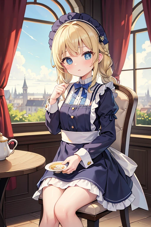 masterpiece, highest quality, Very detailed, 16k, Ultra-high resolution, 16-year-old girl, Perfect Fingers, Detailed face, blue eyes, Blonde, Braid, Blue Apron Dress, Castle Garden, table, Sit on a chair, Drinking tea