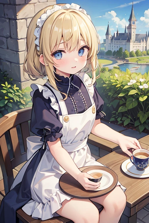 masterpiece, highest quality, Very detailed, 16k, Ultra-high resolution, ****************, Perfect Fingers, Detailed face, blue eyes, Blonde, Braid, Blue Apron Dress, Castle Garden, table, Sit on a chair, Drinking tea