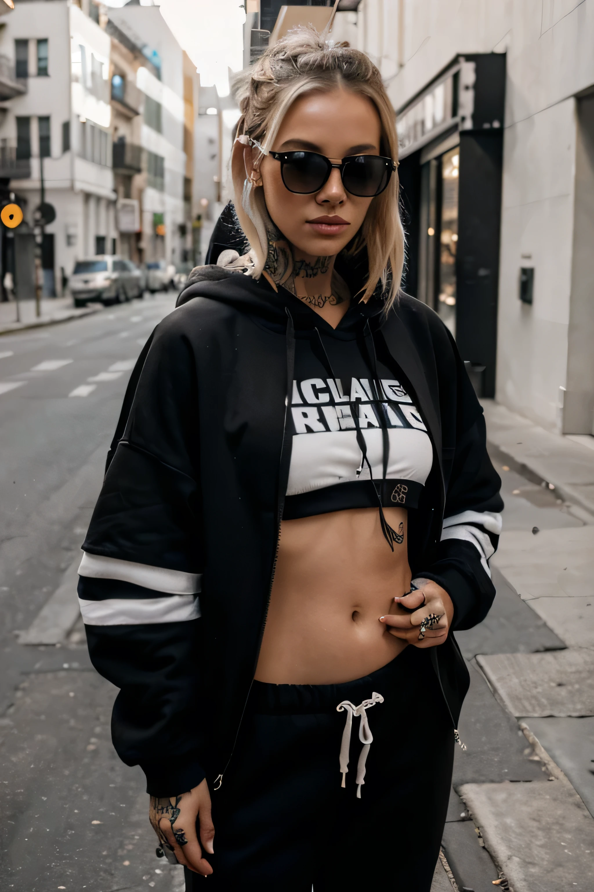 Trendi oversized womens black and white hoodie and jogging pants. on a blonde female model standing on the street, with tattoos on hands and neck, wearing square black sunglasses.