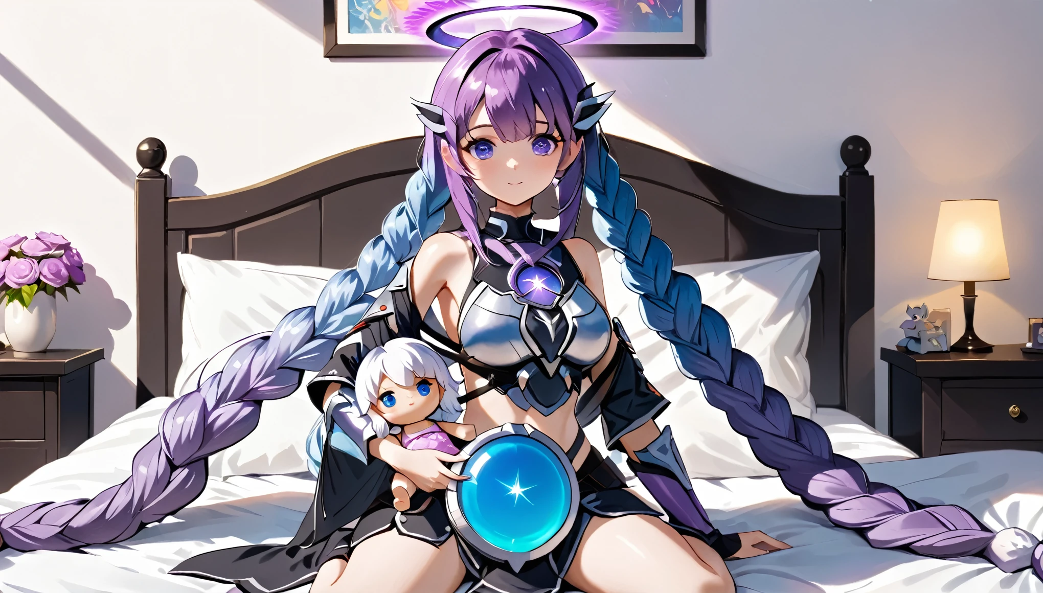 A purple hair，Bikini Armor，There is a circular halo on the chest，Holding a doll with blue hair，Sitting on the bed