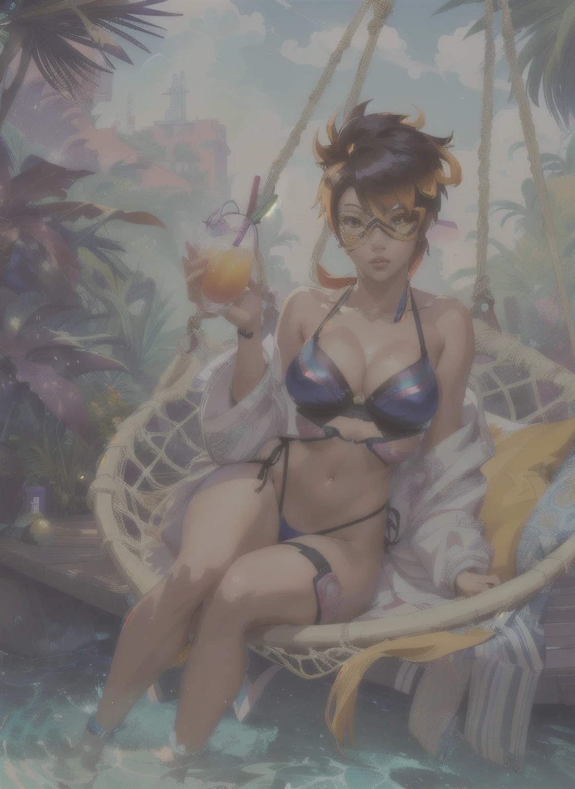 there is a woman sitting in a hammock with a drink, overwatch tracer in a bikini, anime style 4 k, anime art wallpaper 4 k, anime art wallpaper 4k, 4k anime wallpaper, artwork in the style of guweiz, 8k high quality detailed art, cutesexyrobutts, relaxing concept art, detailed digital anime art, 4 k manga wallpaper