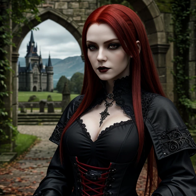 1 female vampire, full body, red hair, hyperrealistic, ultra detailed face and eyes, realistic representation, her clothes are gothic style, you can see a castle