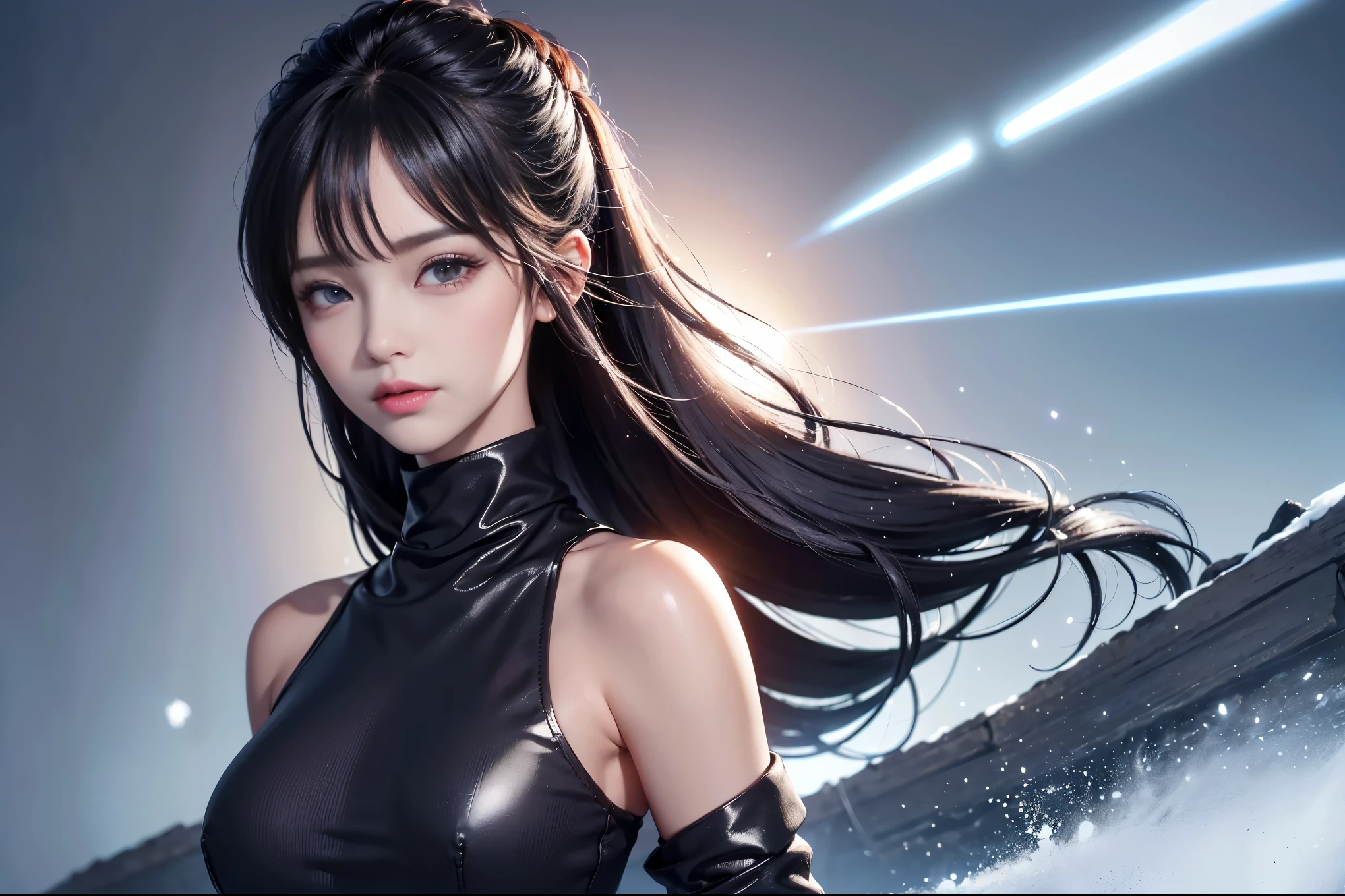 ((masterpiece:1.5、8k、Portraiture、フォトリアリスティックでVery detailedなCG、Very detailed、Particle Effects、Dynamic Effects、Written boundary depth、Cinematic Light、Lens flare、Ray Tracing、Tabletop、Realistic:1.4、超A high resolution、Realistic、Realistic))((alone、Turtleneck dress,No sleeve、Woman in a black fur coat:1.4、Detailed face、bright表情、young, bright, Whiter skin、medium beautiful breasts、Best Looks、Ultimate beauty、Grey hair with shiny highlights:1.8、bright and shiny hair,、Arranged Hair、Hair dancing in the wind))(morning、In the background is a snowy hill overlooking the ruins...)sideboob