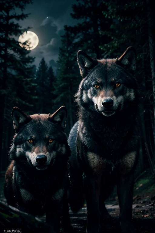 a pack of wolves, detailed fur, sharp teeth, glowing eyes, forest background, moonlit night, dramatic lighting, cinematic composition, digital painting, highly detailed, photorealistic, 8k, (best quality,4k,8k,highres,masterpiece:1.2),ultra-detailed,(realistic,photorealistic,photo-realistic:1.37),powerful,majestic,haunting,cinematic,dramatic colors,moody lighting