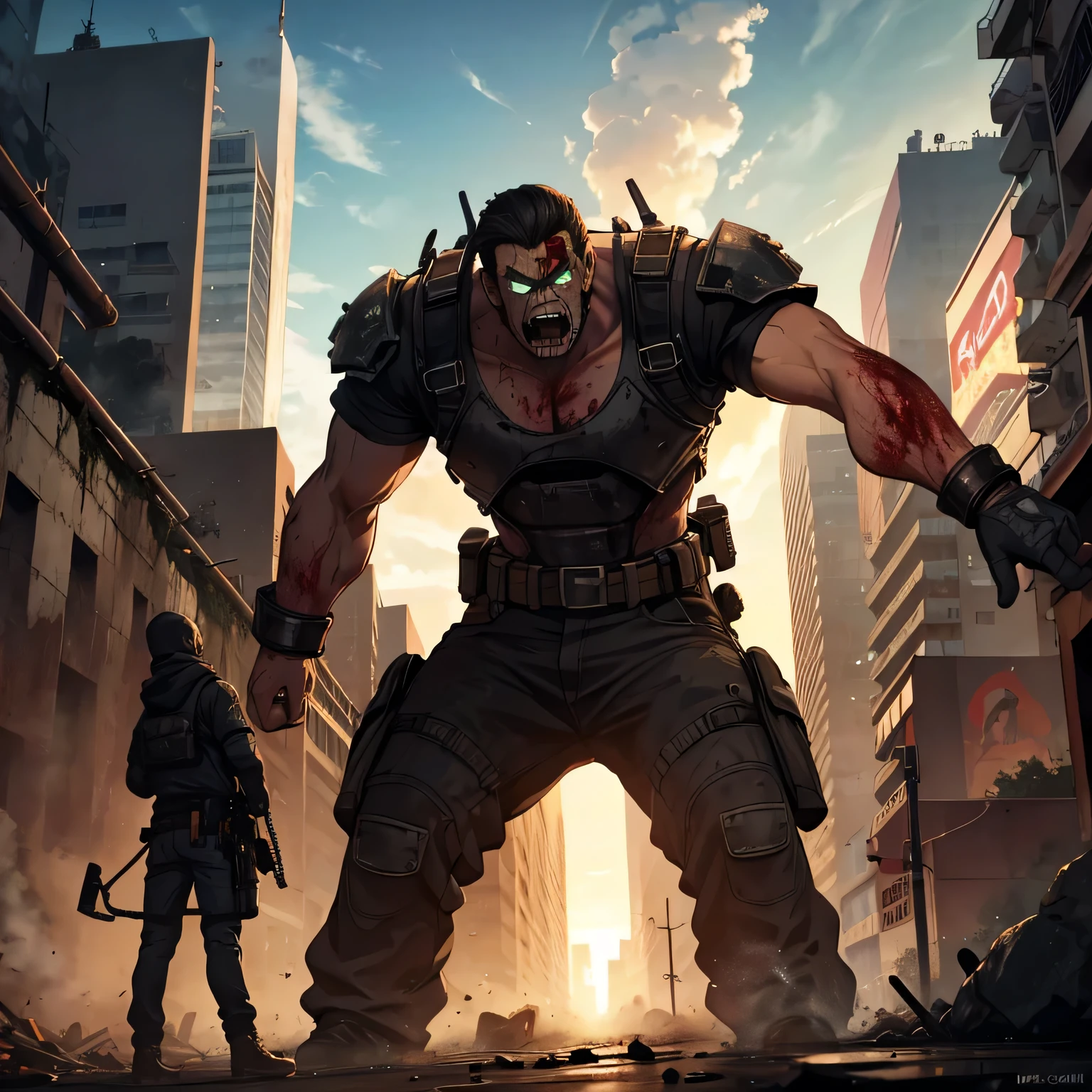 17 year old boy. peleando contra un zombie gigante de dos metros. En una ciudad destruida por el apocalipsis