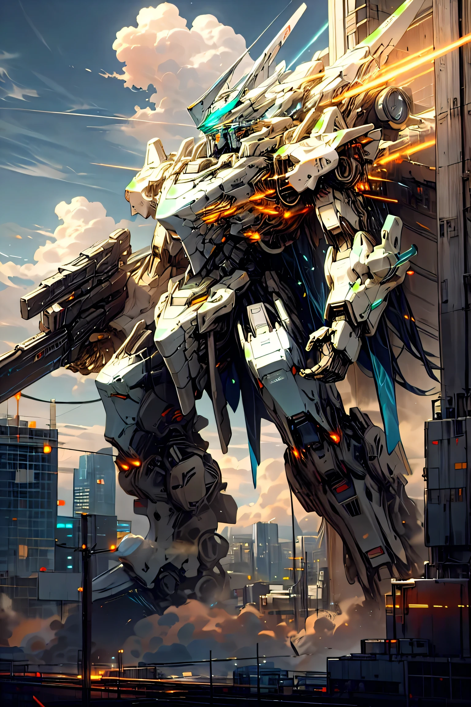 sky, cloud, holding_weapon, no_humans, glowing, , robot, building, glowing_eyes, mecha, science_fiction, city, realistic,mecha